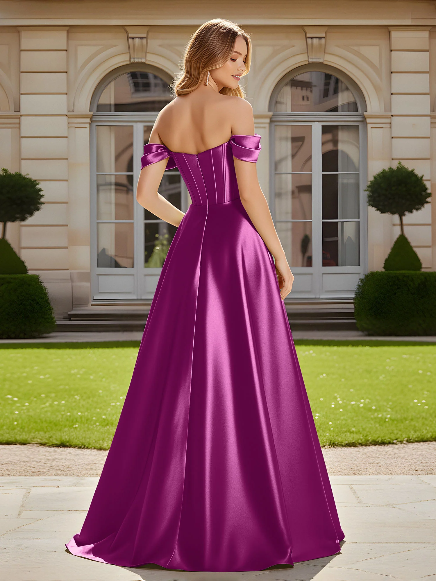 Elegant Off-the-shoulder Pleated Maxi Gown With Slit Orchid - Image 2