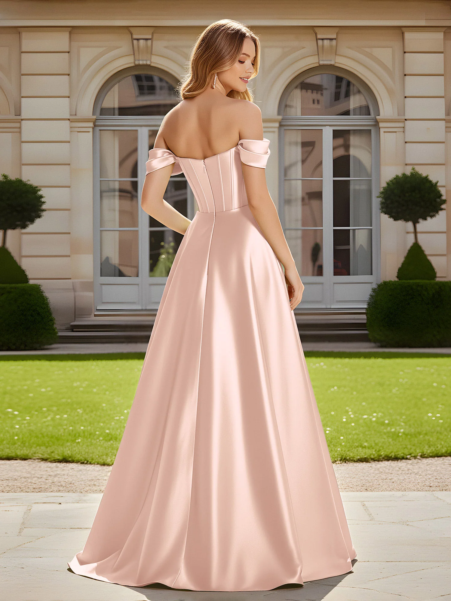 Elegant Off-the-shoulder Pleated Maxi Gown With Slit Pearl Pink - Image 2