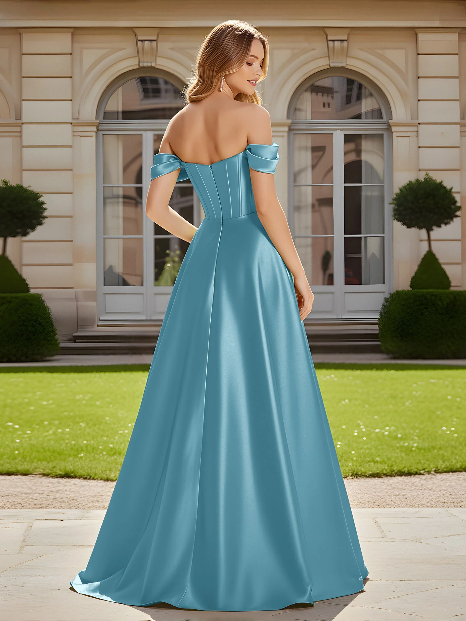 Elegant Off-the-shoulder Pleated Maxi Gown With Slit Pool - Image 2