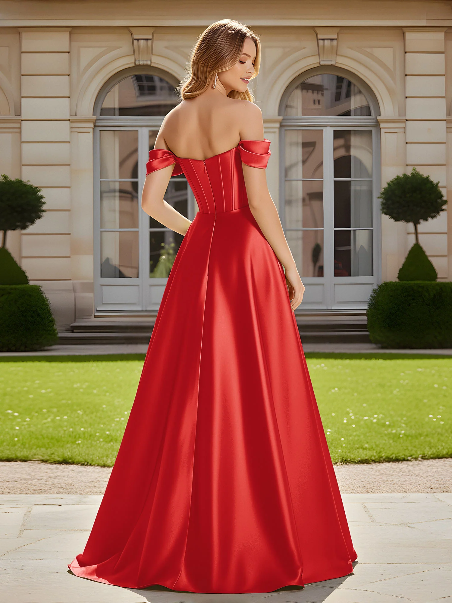 Elegant Off-the-shoulder Pleated Maxi Gown With Slit Red - Image 2