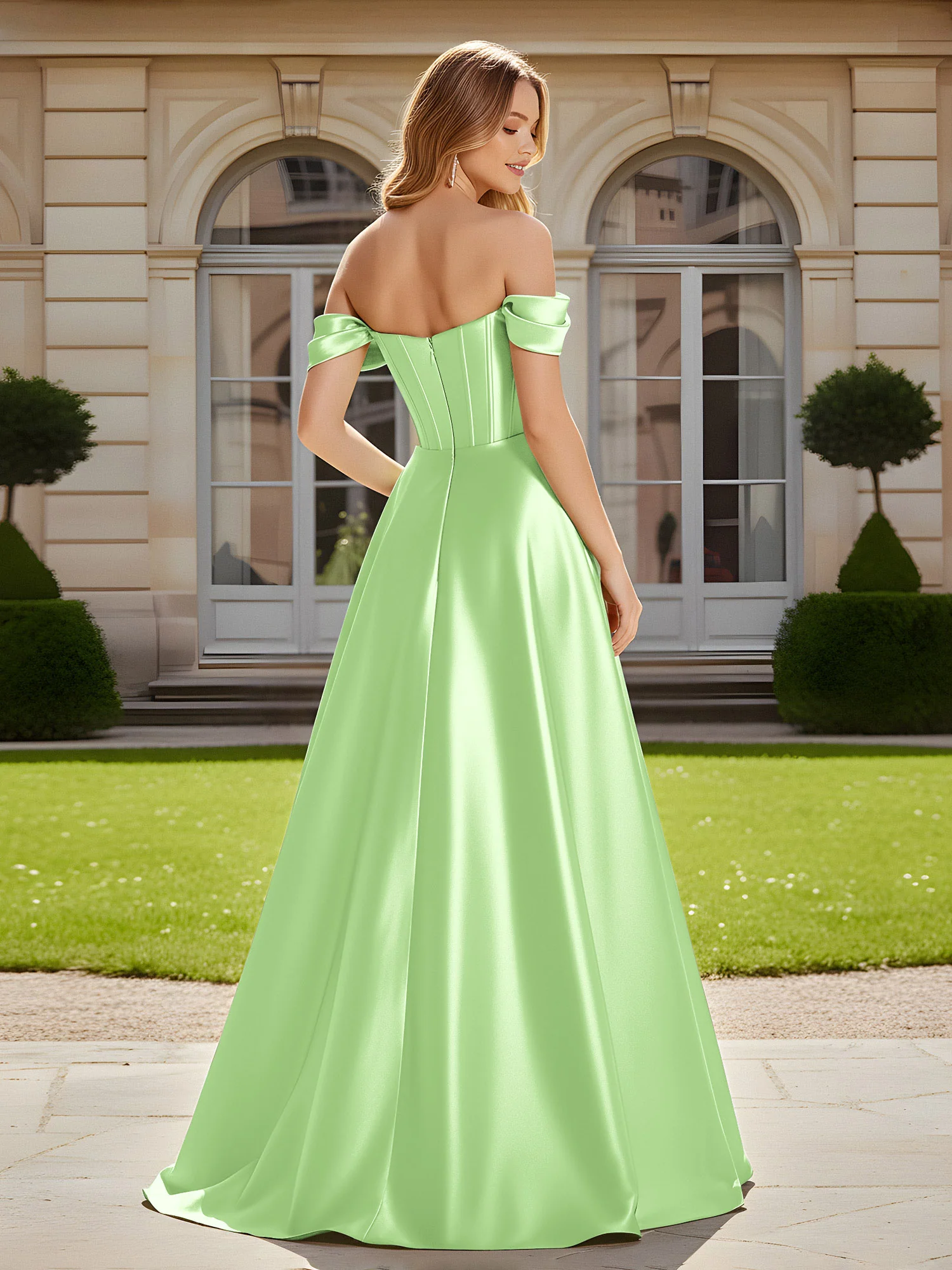 Elegant Off-the-shoulder Pleated Maxi Gown With Slit Sage - Image 2