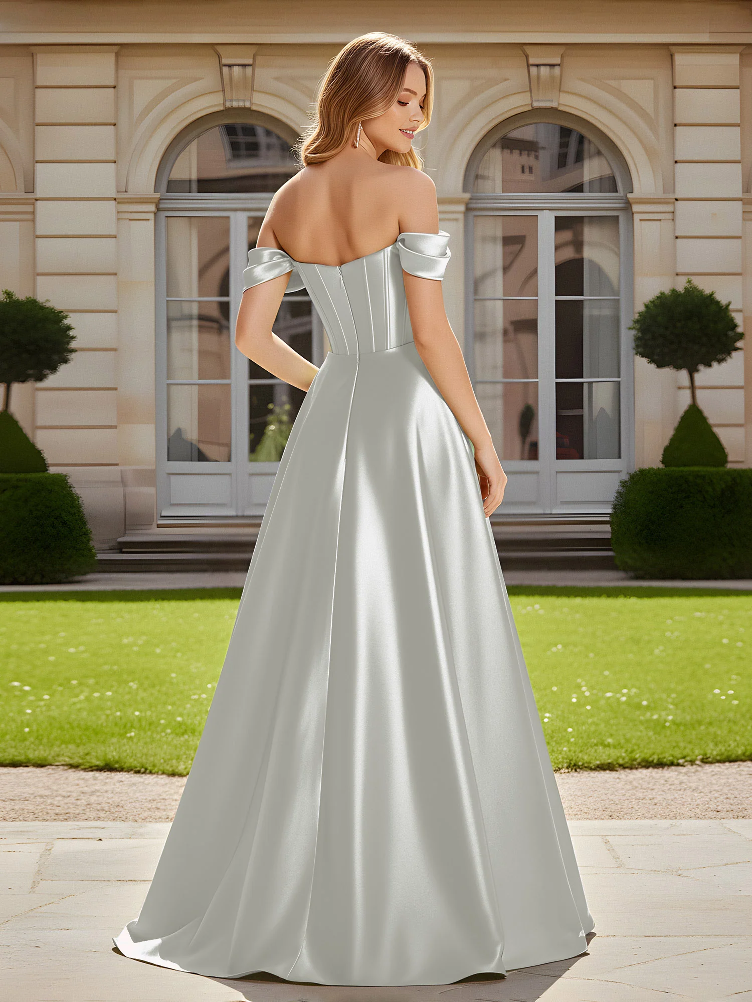 Elegant Off-the-shoulder Pleated Maxi Gown With Slit Silver - Image 2