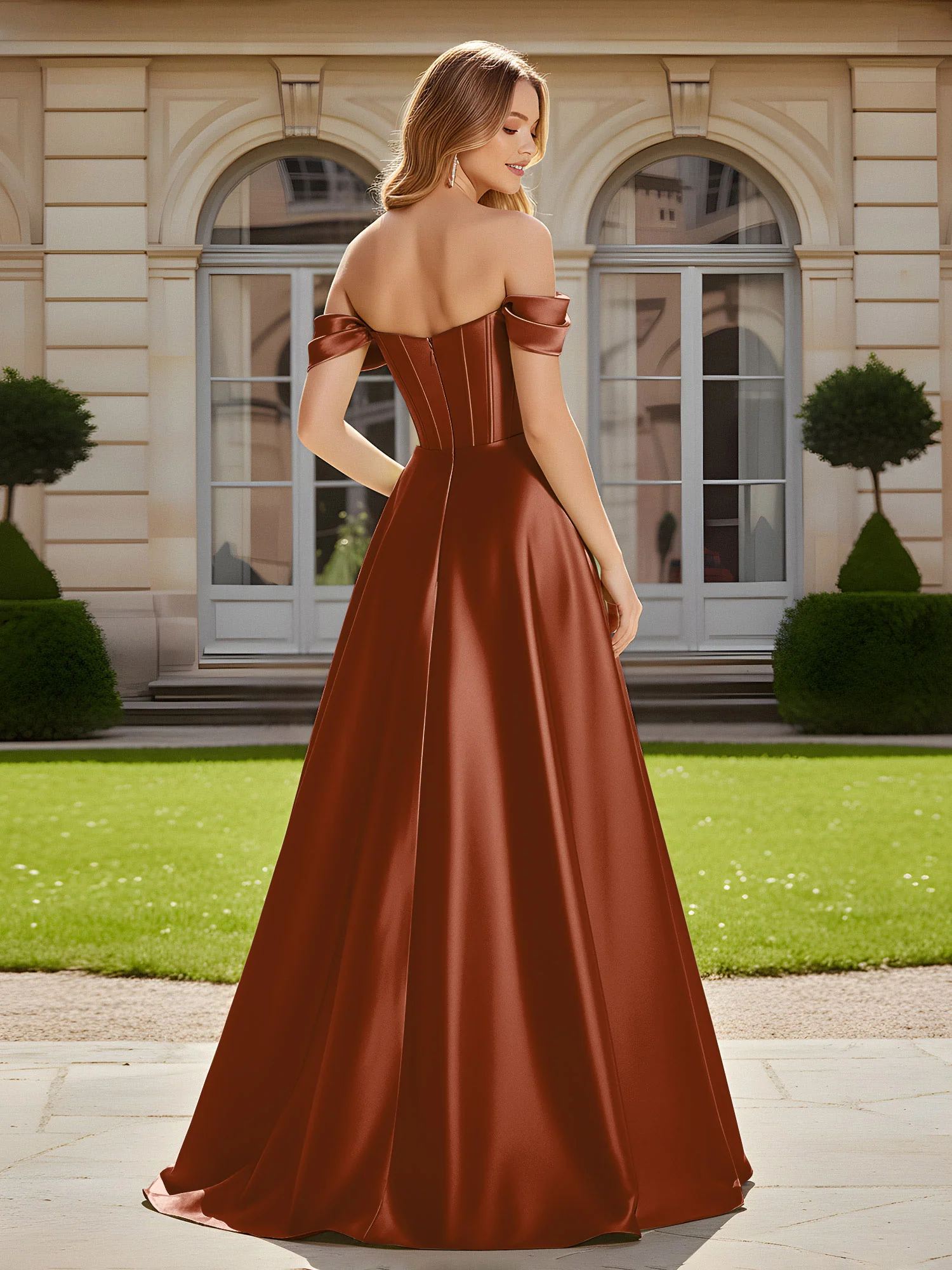 Elegant Off-the-shoulder Pleated Maxi Gown With Slit Terracotta - Image 2