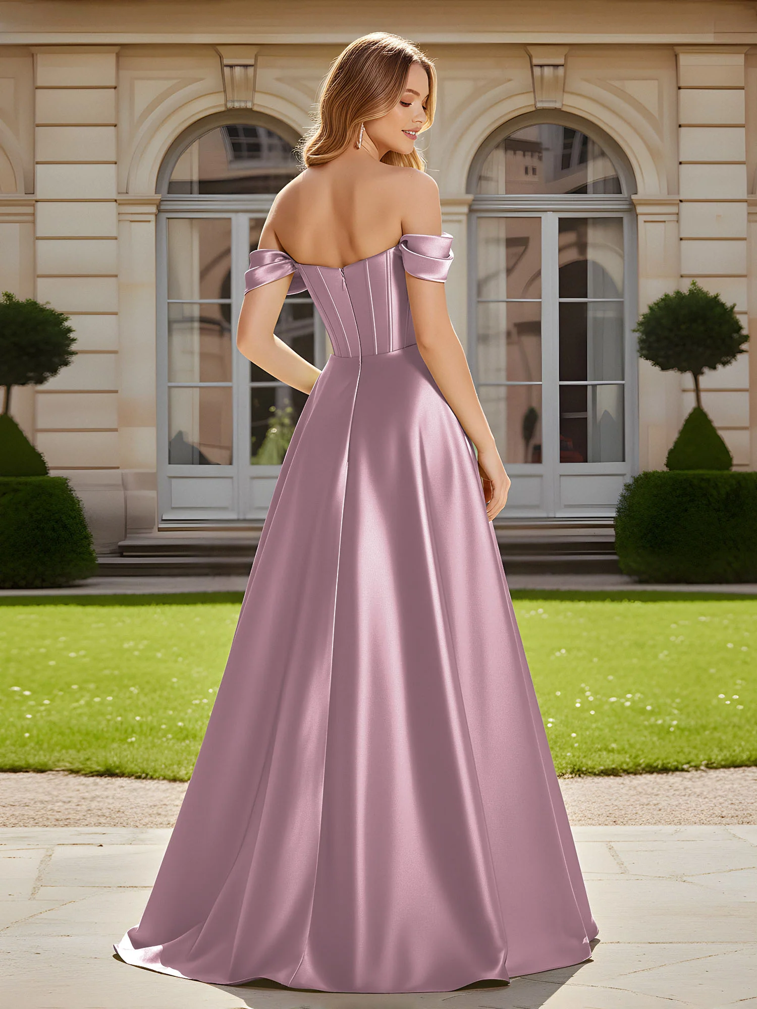Elegant Off-the-shoulder Pleated Maxi Gown With Slit Vintage Mauve - Image 2