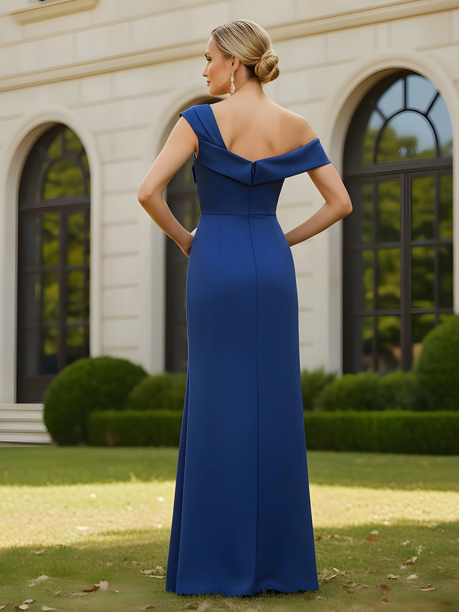 Elegant One Shoulder Sheath Long Gown With Slit Steel Grey - Image 2
