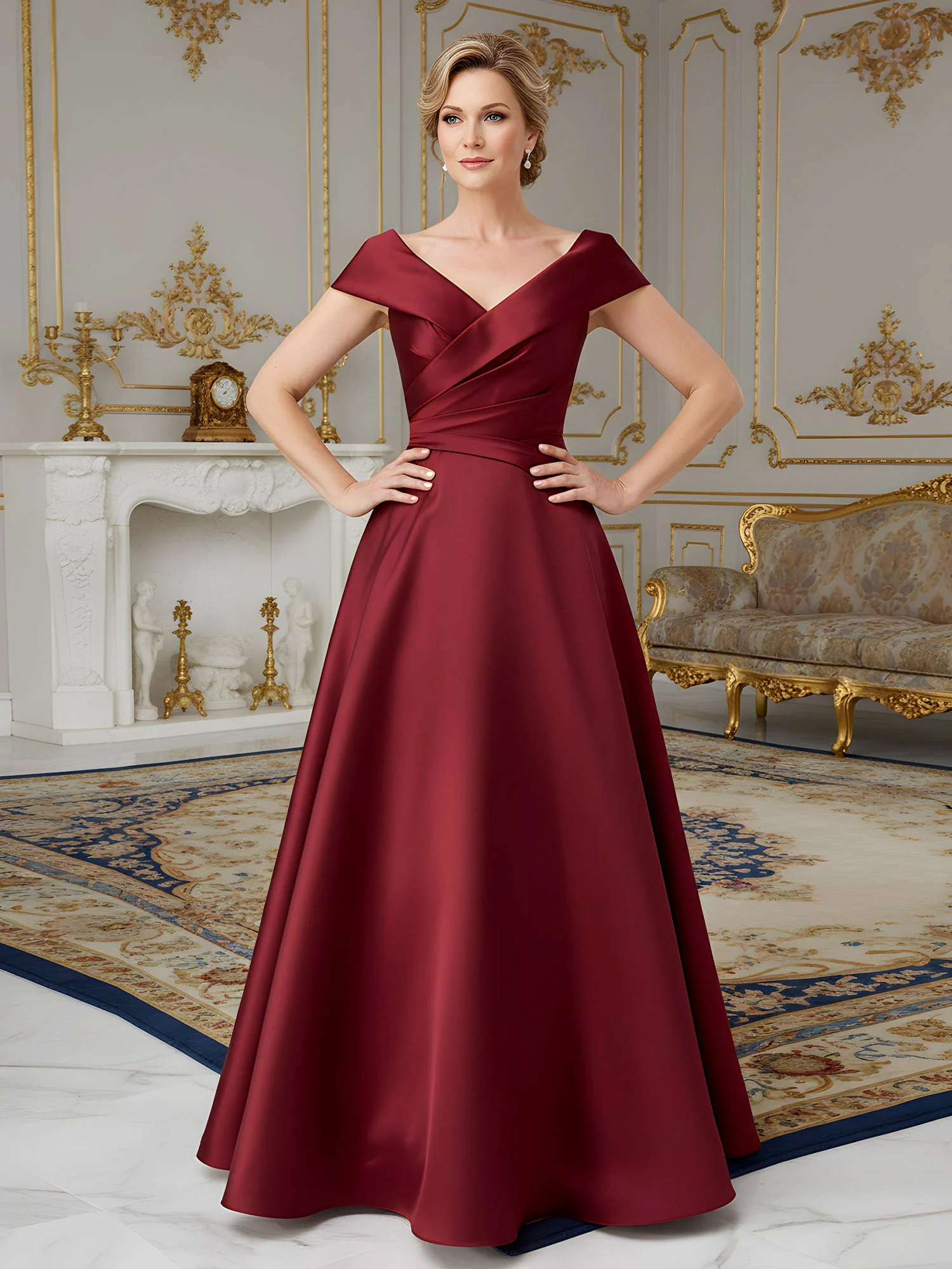 Elegant Pleated V-neck A-Line Sweep Train Dress Terracotta