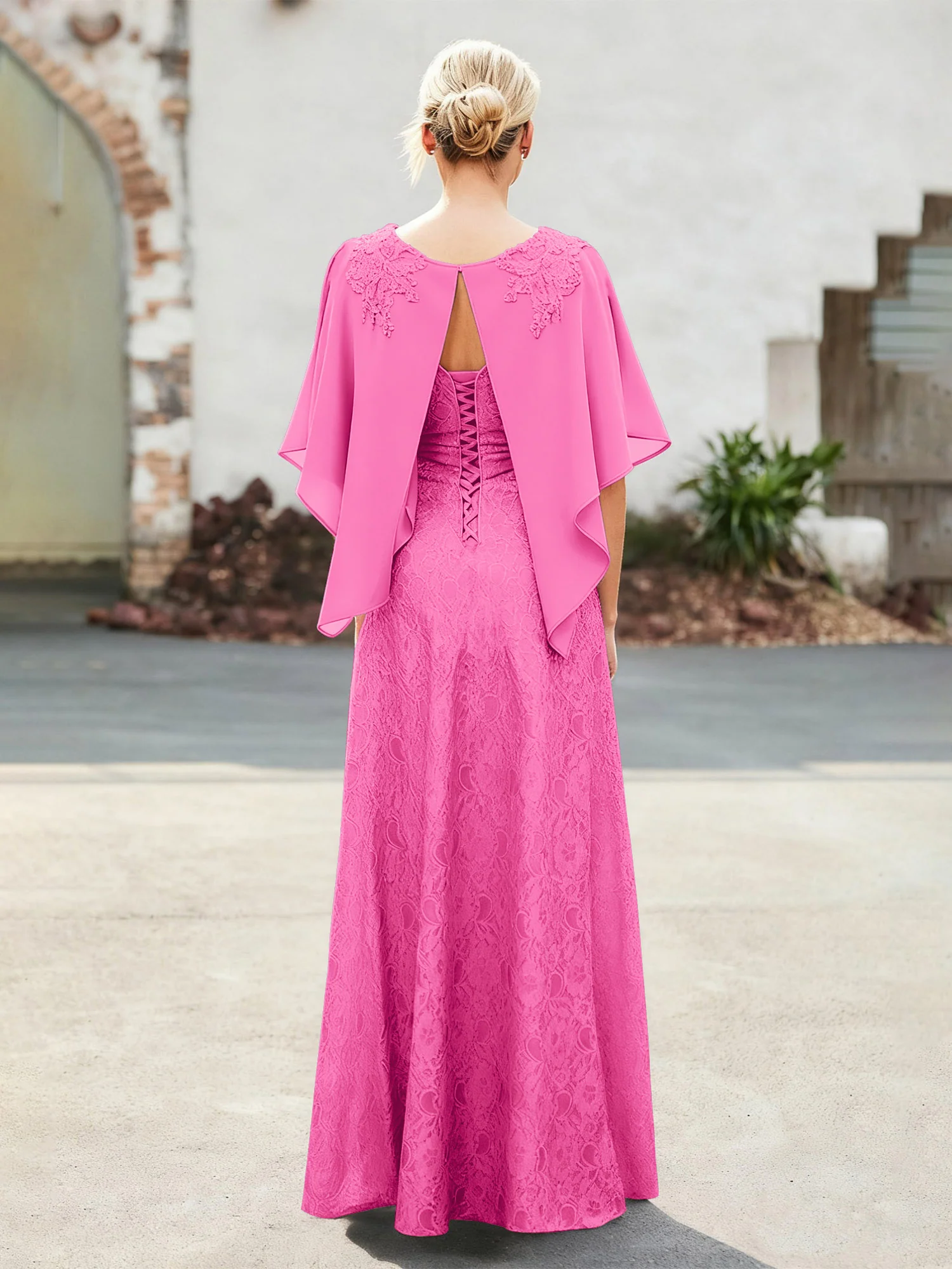 Elegant Scoop Cape Chiffon Lace A-Line Long Dress Azalea - Image 2