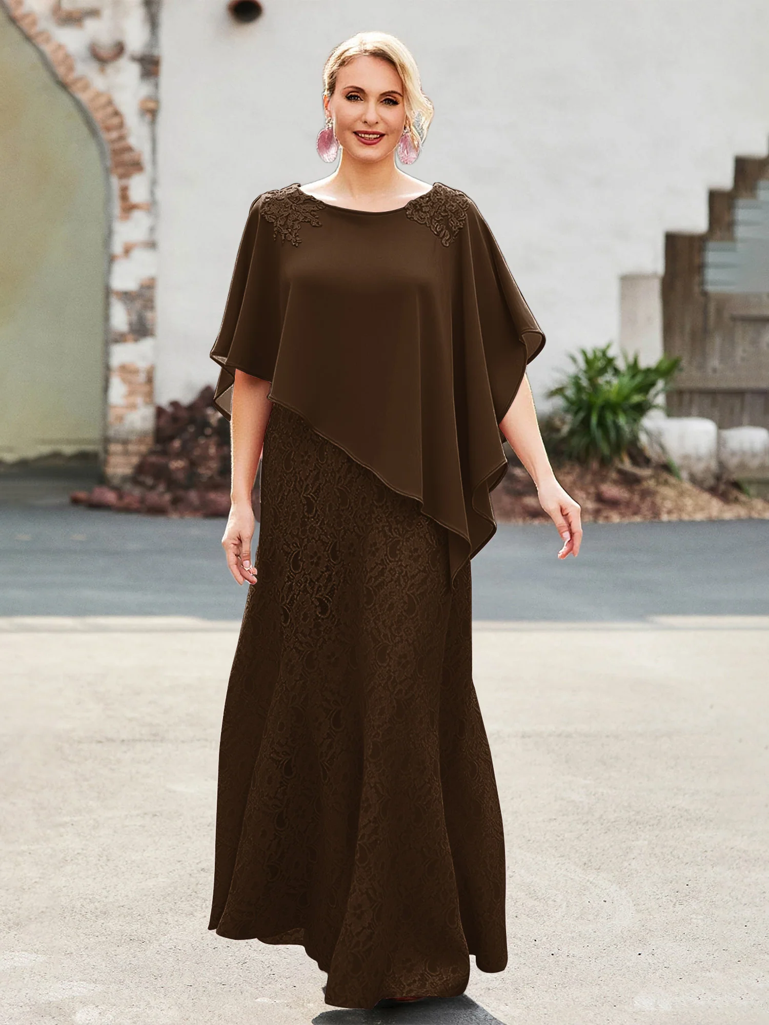 Elegant Scoop Cape Chiffon Lace A-Line Long Dress Brown