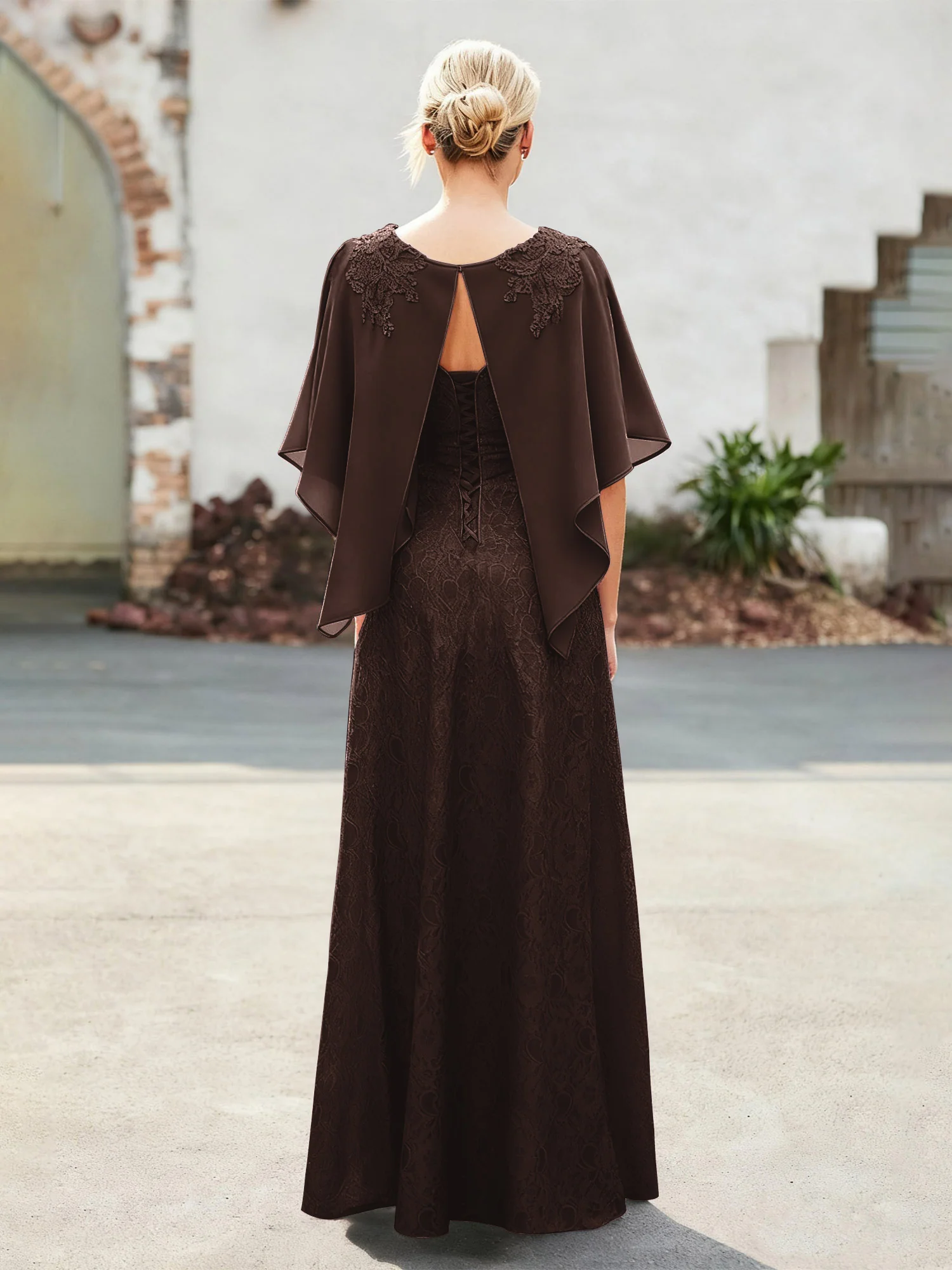 Elegant Scoop Cape Chiffon Lace A-Line Long Dress Chocolate - Image 2