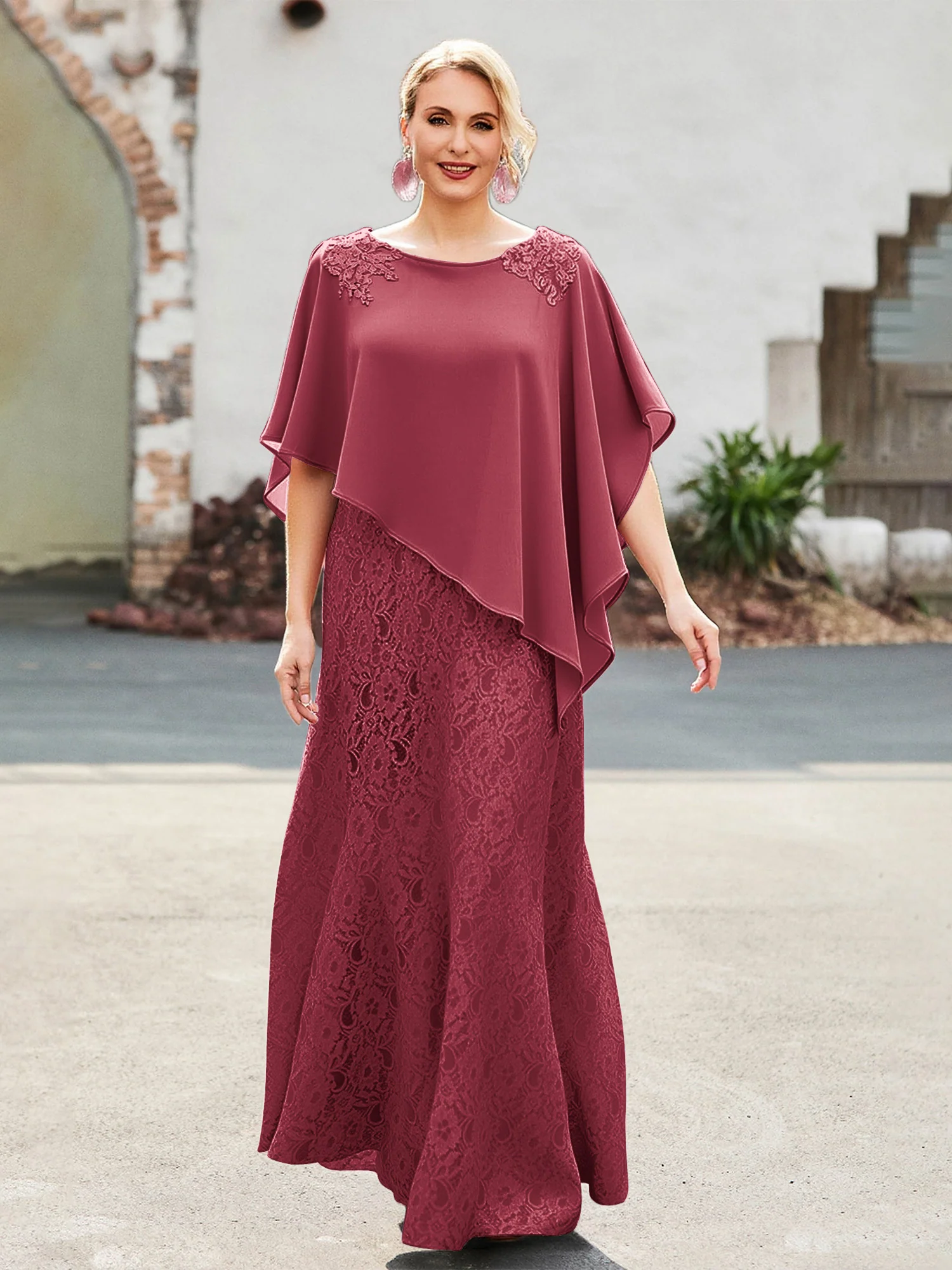 Elegant Scoop Cape Chiffon Lace A-Line Long Dress Cinnamon Rose