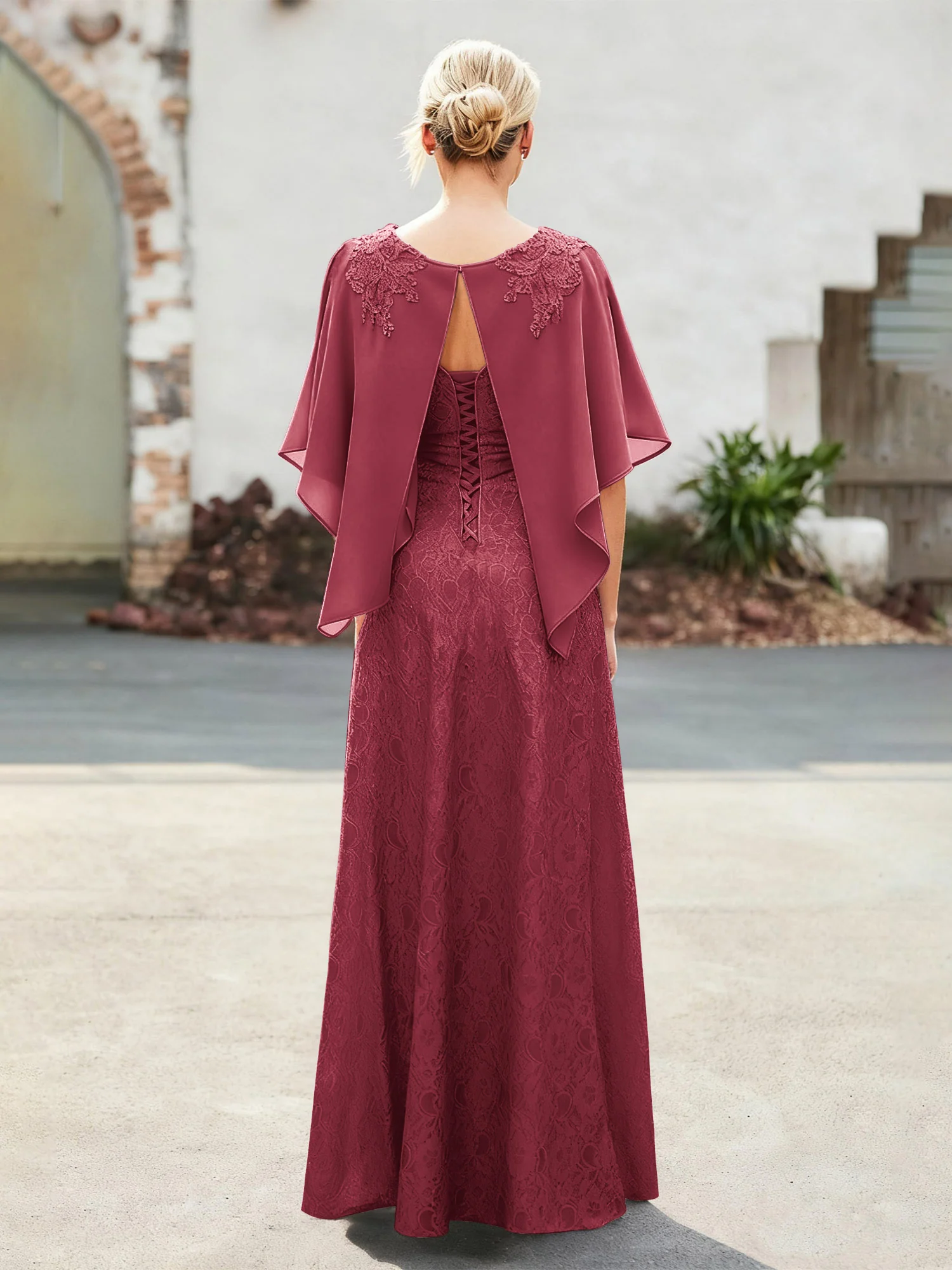 Elegant Scoop Cape Chiffon Lace A-Line Long Dress Cinnamon Rose - Image 2