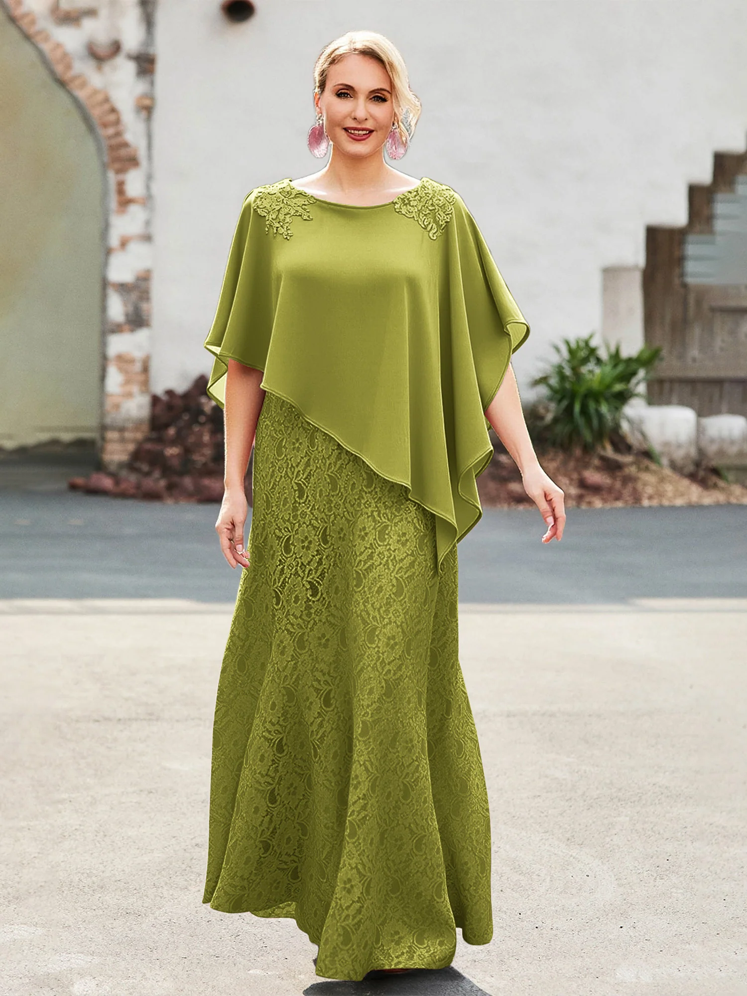 Elegant Scoop Cape Chiffon Lace A-Line Long Dress Clover