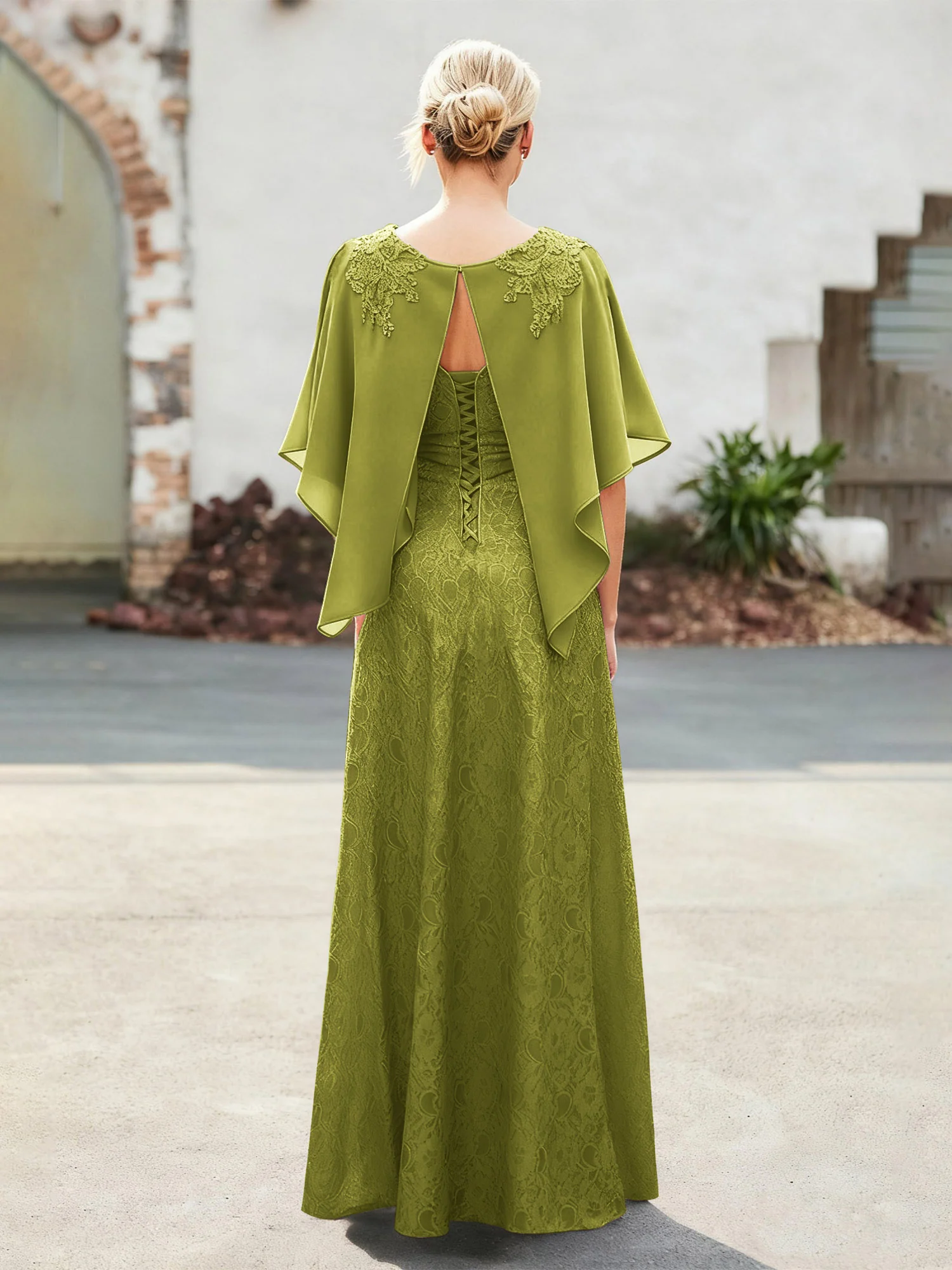 Elegant Scoop Cape Chiffon Lace A-Line Long Dress Clover - Image 2