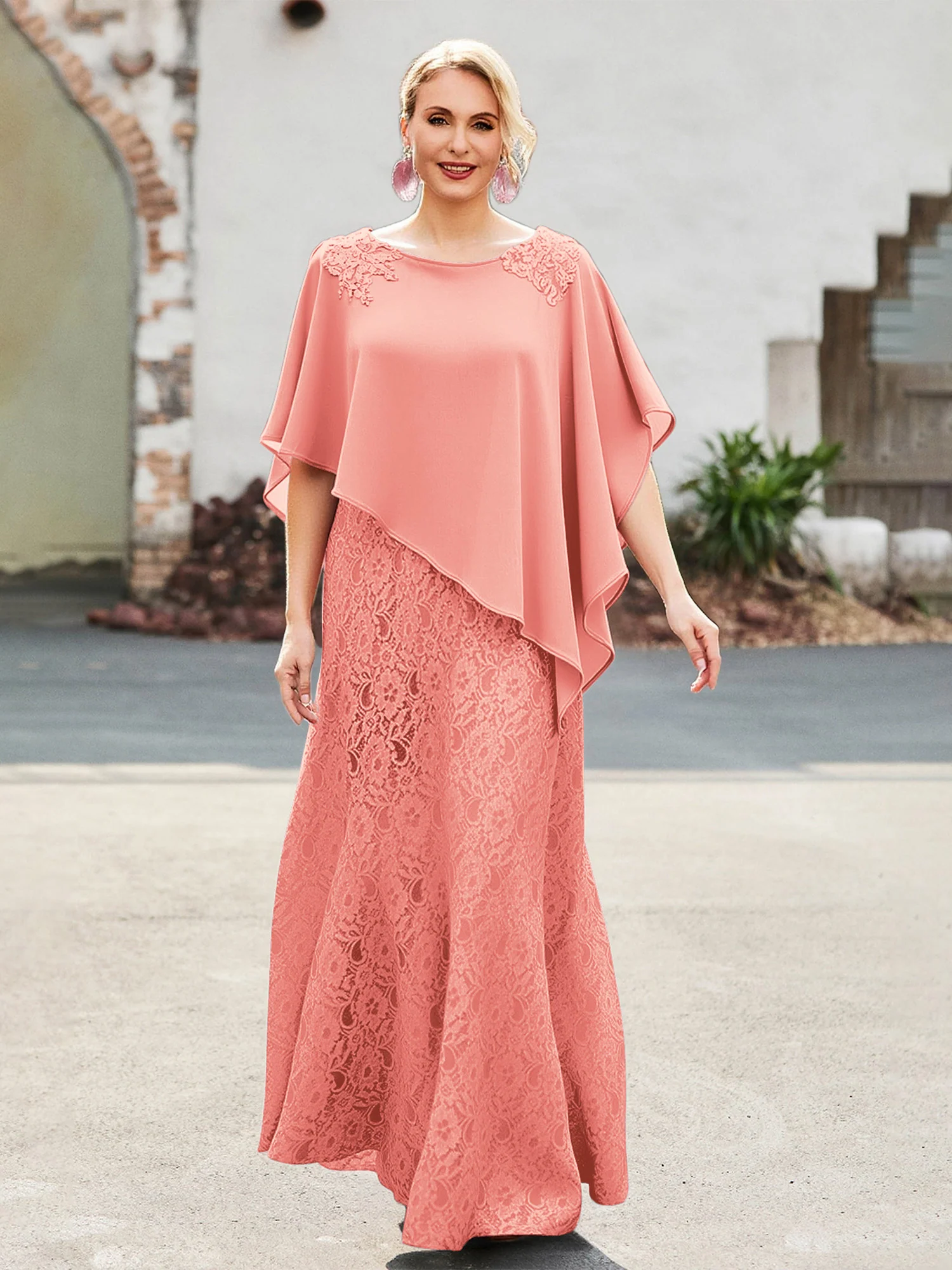 Elegant Scoop Cape Chiffon Lace A-Line Long Dress Coral