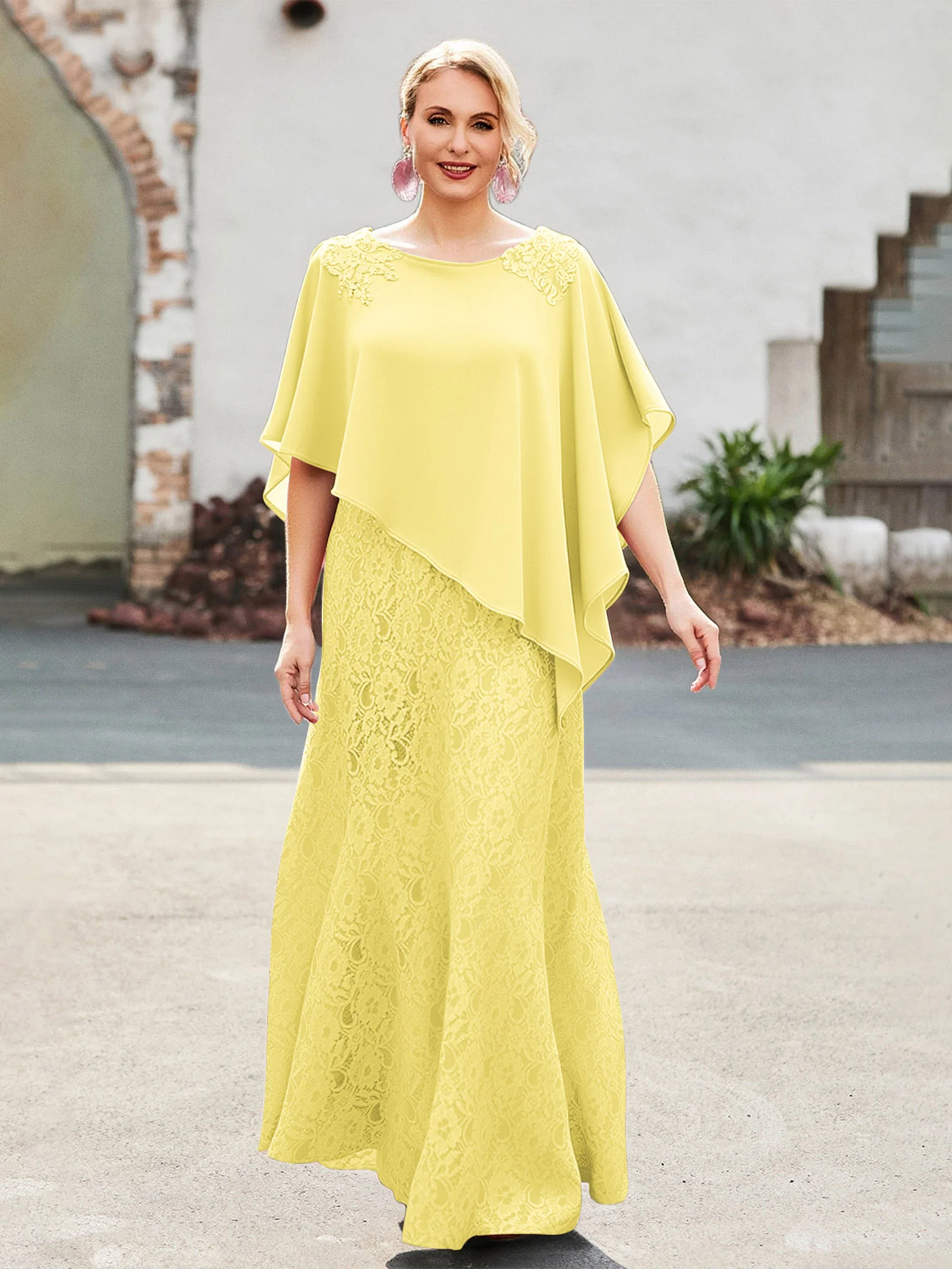 Elegant Scoop Cape Chiffon Lace A-Line Long Dress Daffodil