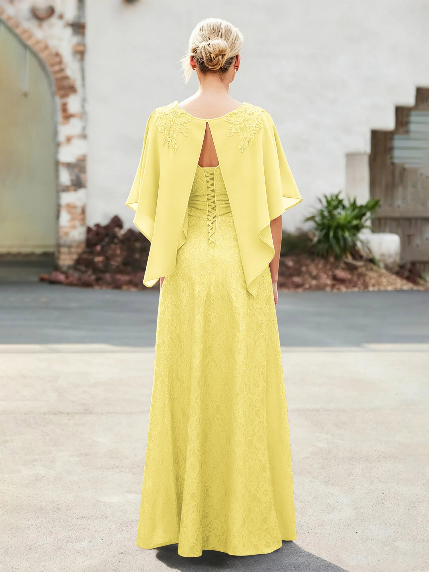 Elegant Scoop Cape Chiffon Lace A-Line Long Dress Daffodil - Image 2