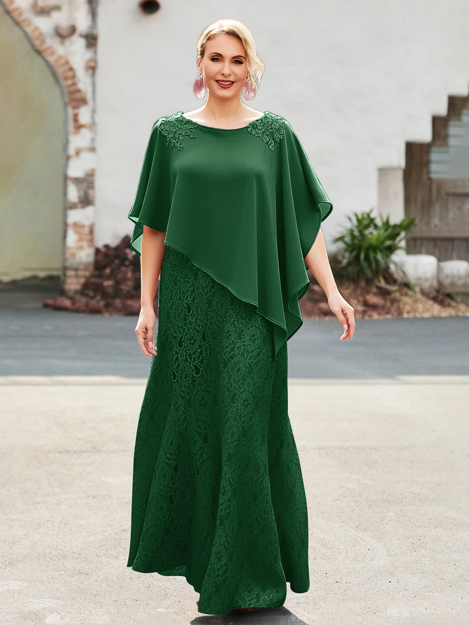 Elegant Scoop Cape Chiffon Lace A-Line Long Dress Dark Green