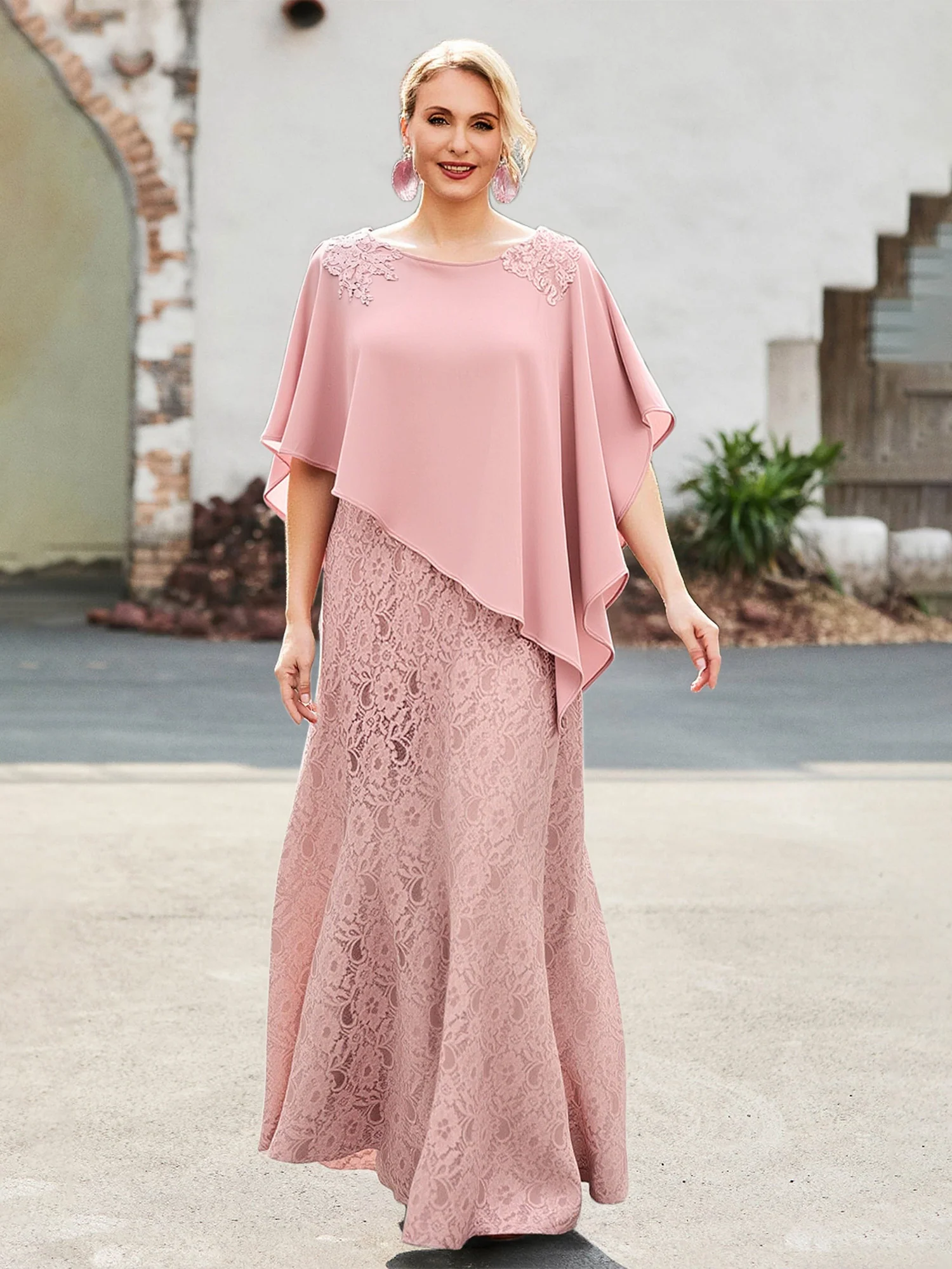Elegant Scoop Cape Chiffon Lace A-Line Long Dress Dusty Rose