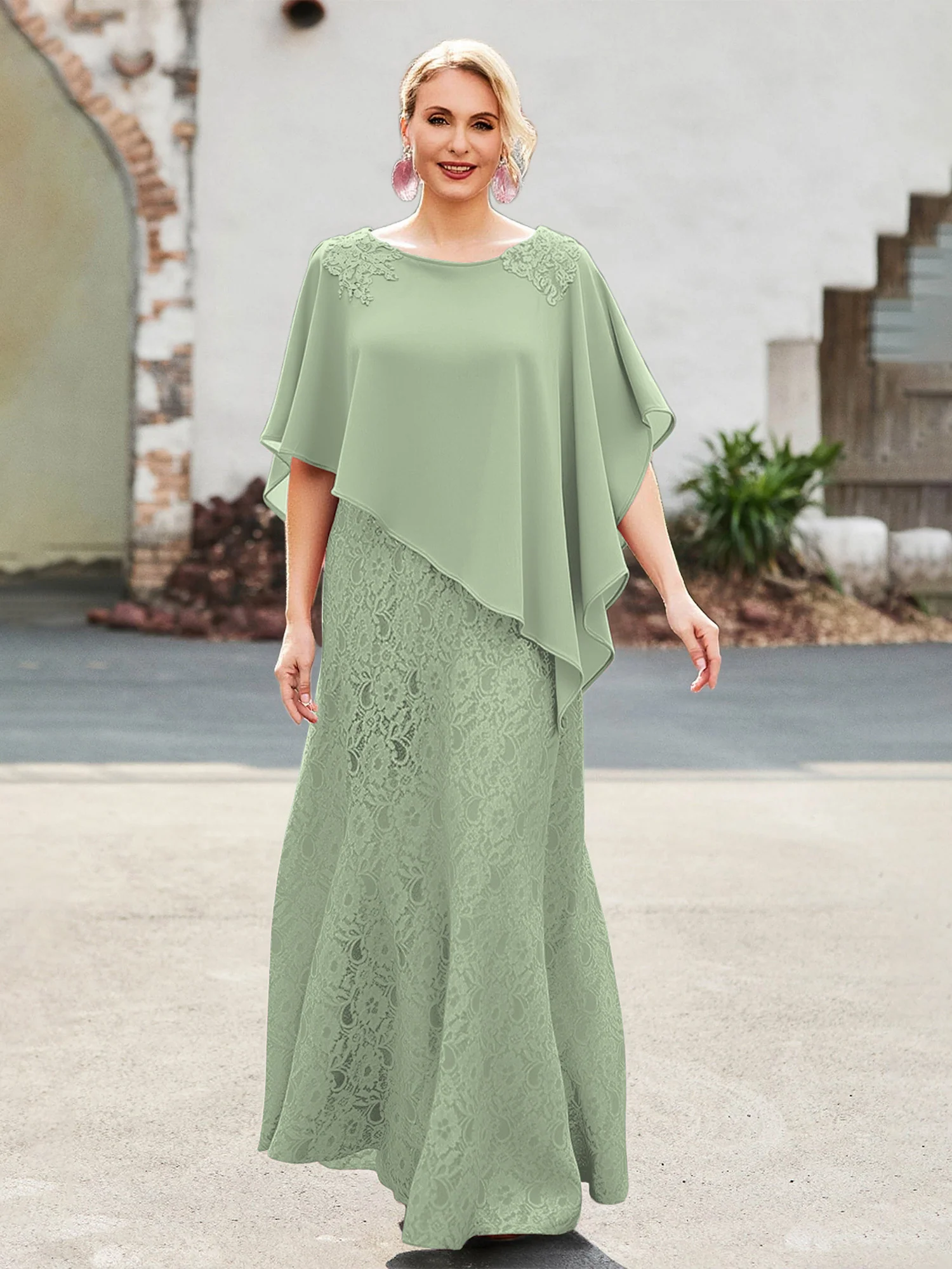 Elegant Scoop Cape Chiffon Lace A-Line Long Dress Dusty Sage