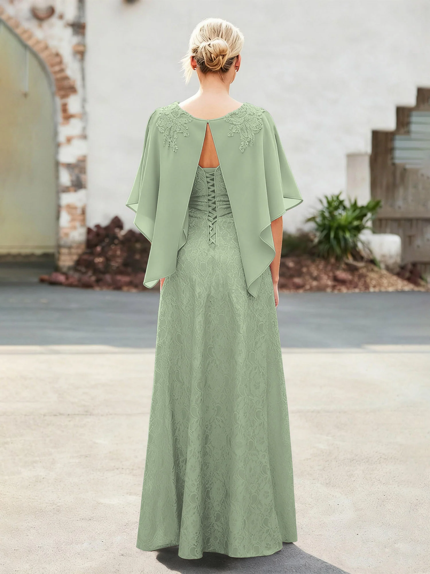 Elegant Scoop Cape Chiffon Lace A-Line Long Dress Dusty Sage - Image 2