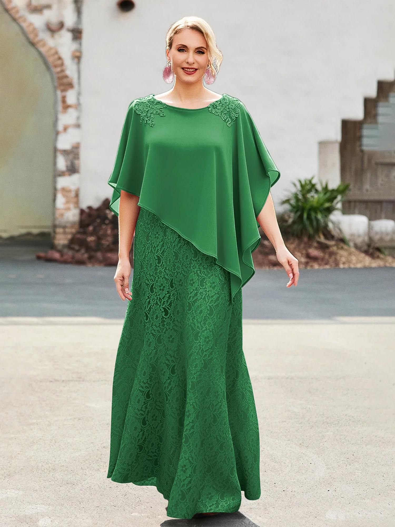 Elegant Scoop Cape Chiffon Lace A-Line Long Dress Emerald