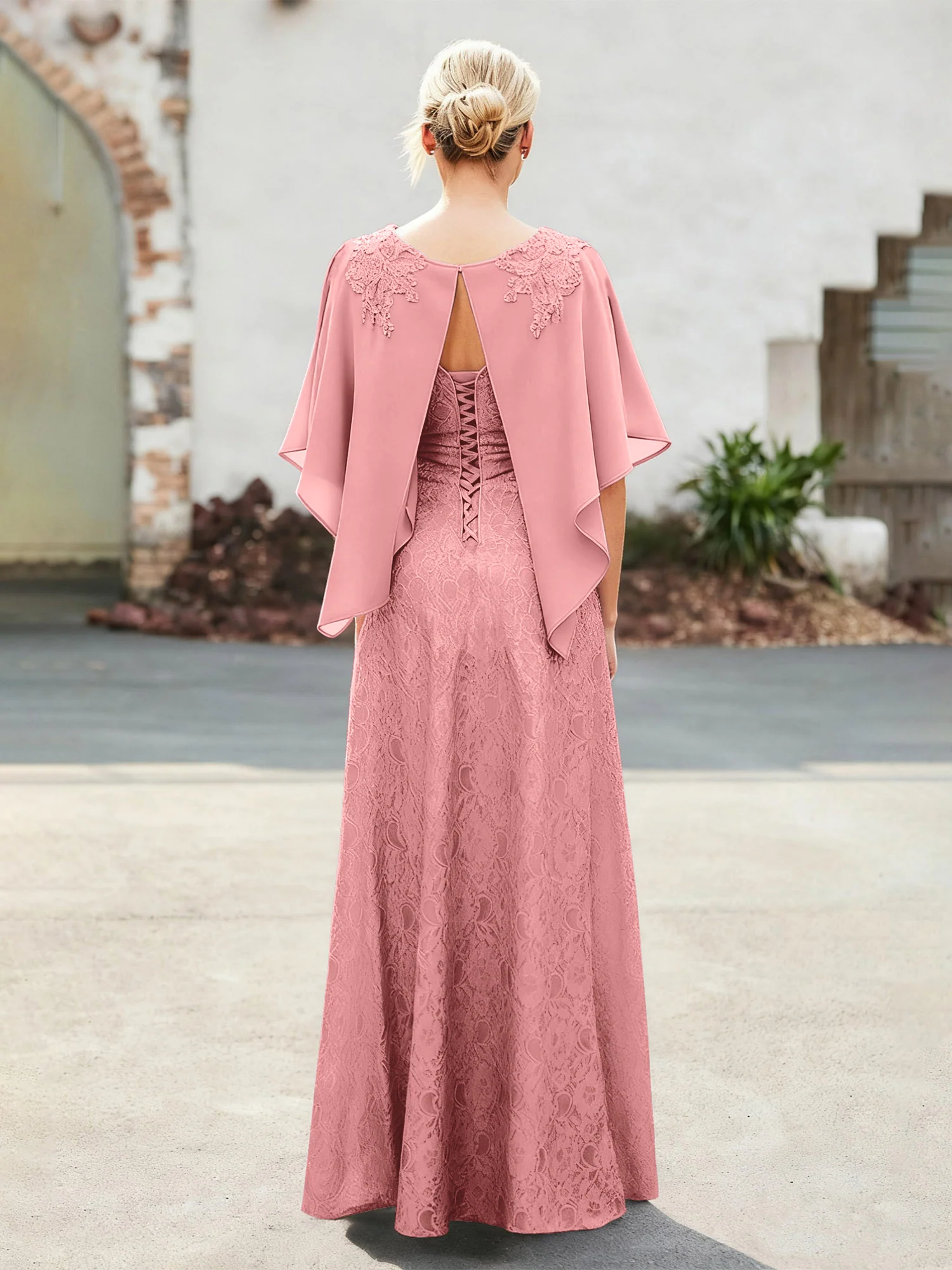 Elegant Scoop Cape Chiffon Lace A-Line Long Dress Flamingo - Image 2