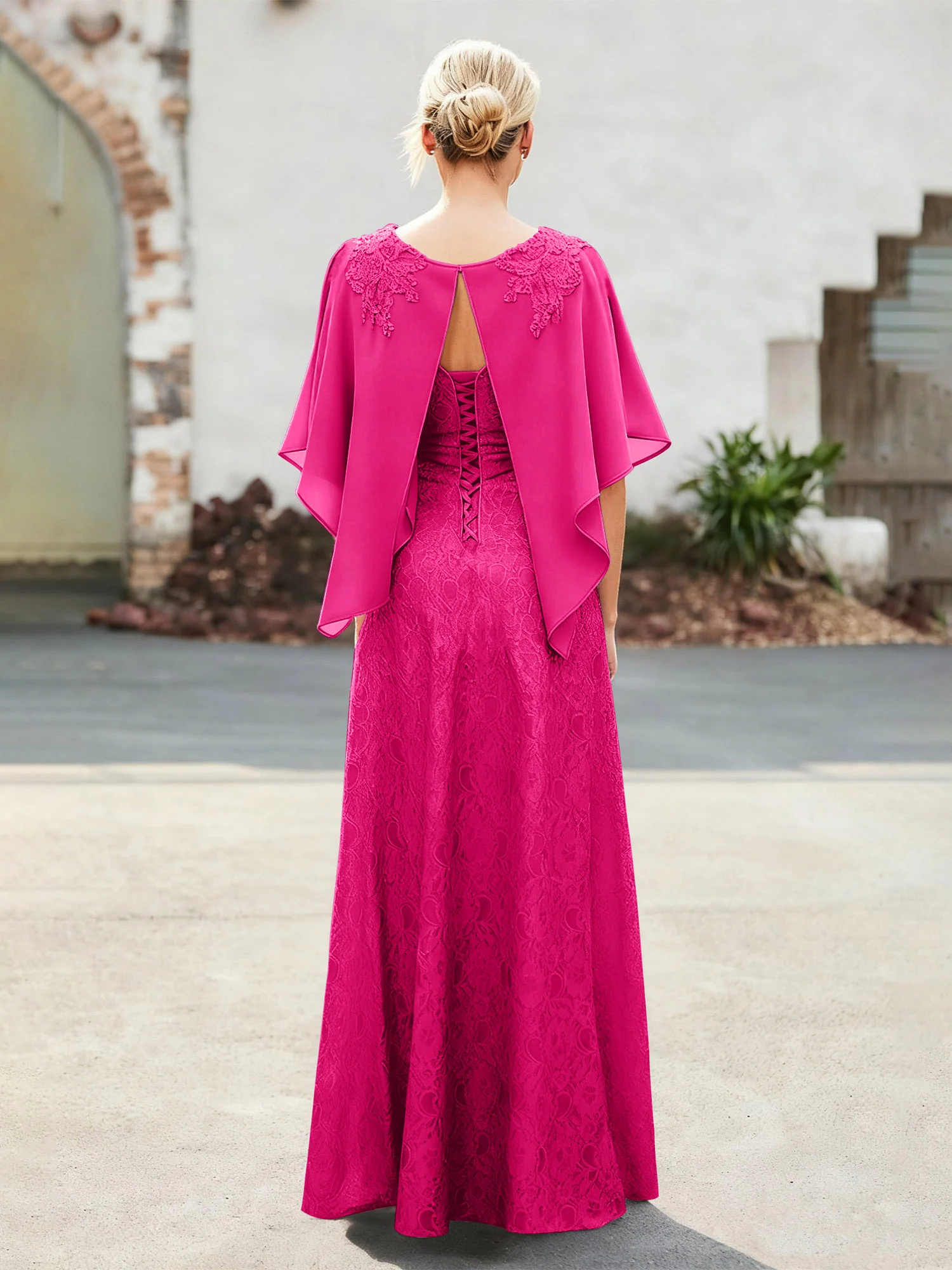Elegant Scoop Cape Chiffon Lace A-Line Long Dress Fuchsia - Image 2