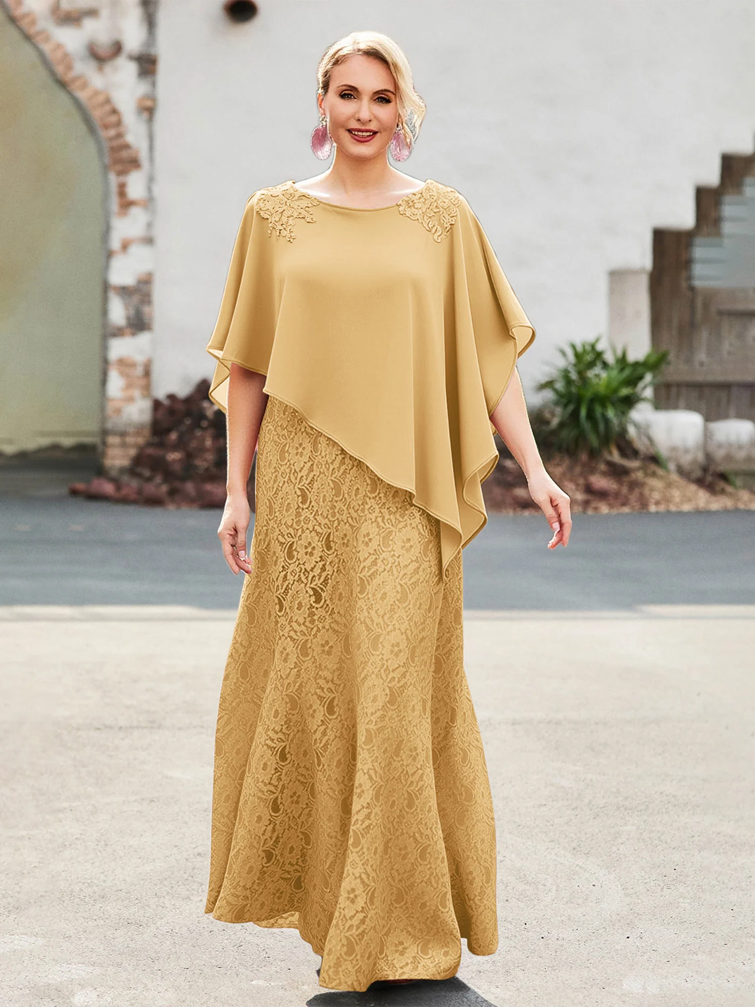 Elegant Scoop Cape Chiffon Lace A-Line Long Dress Gold
