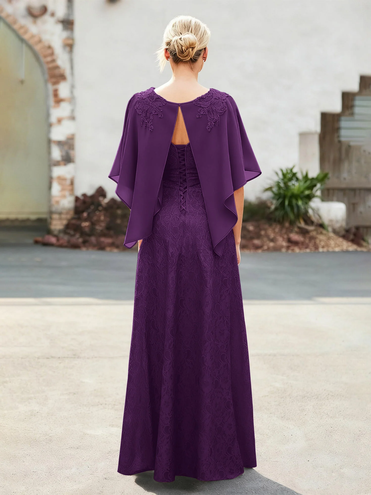 Elegant Scoop Cape Chiffon Lace A-Line Long Dress Grape - Image 2