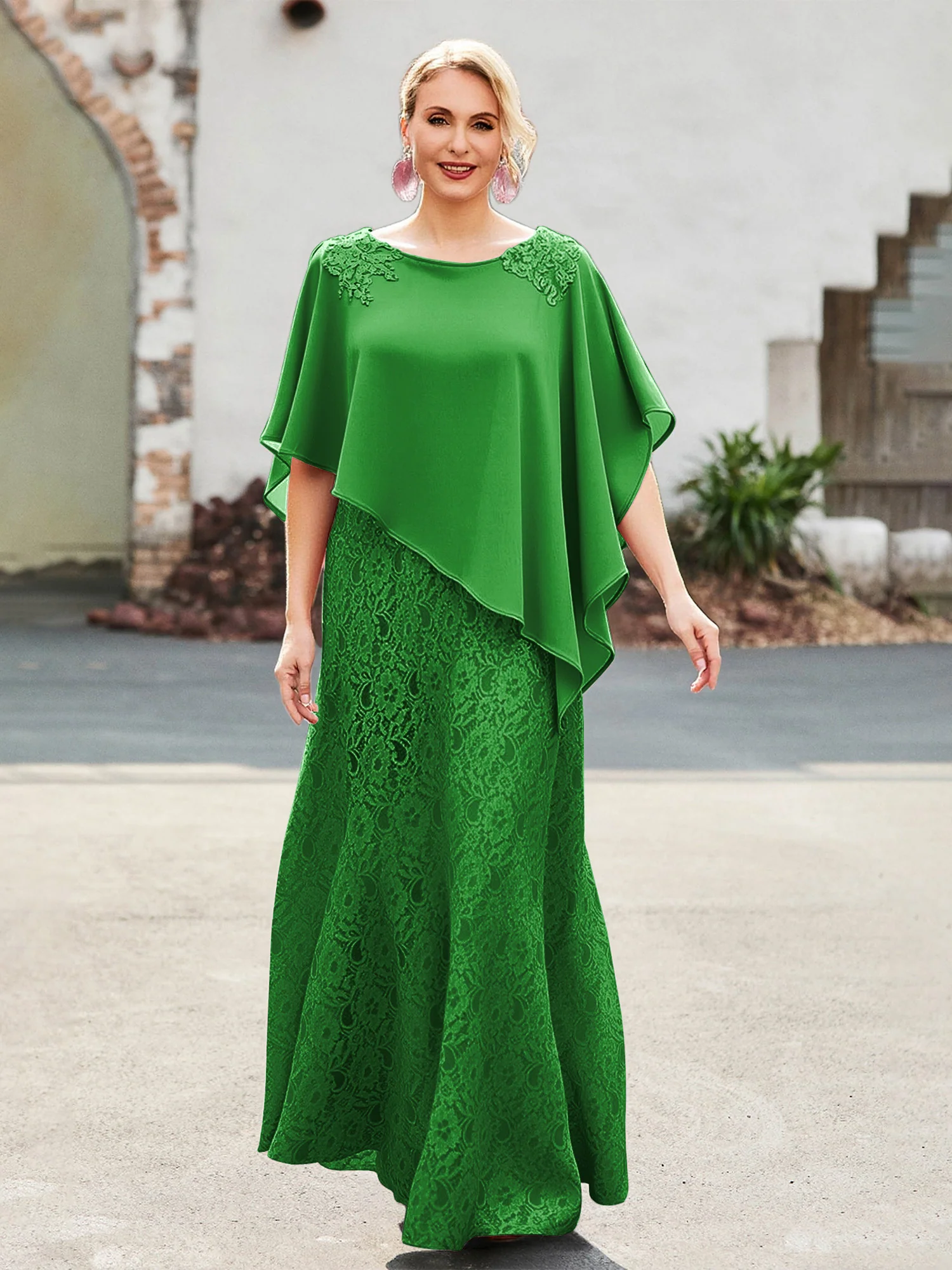 Elegant Scoop Cape Chiffon Lace A-Line Long Dress Green