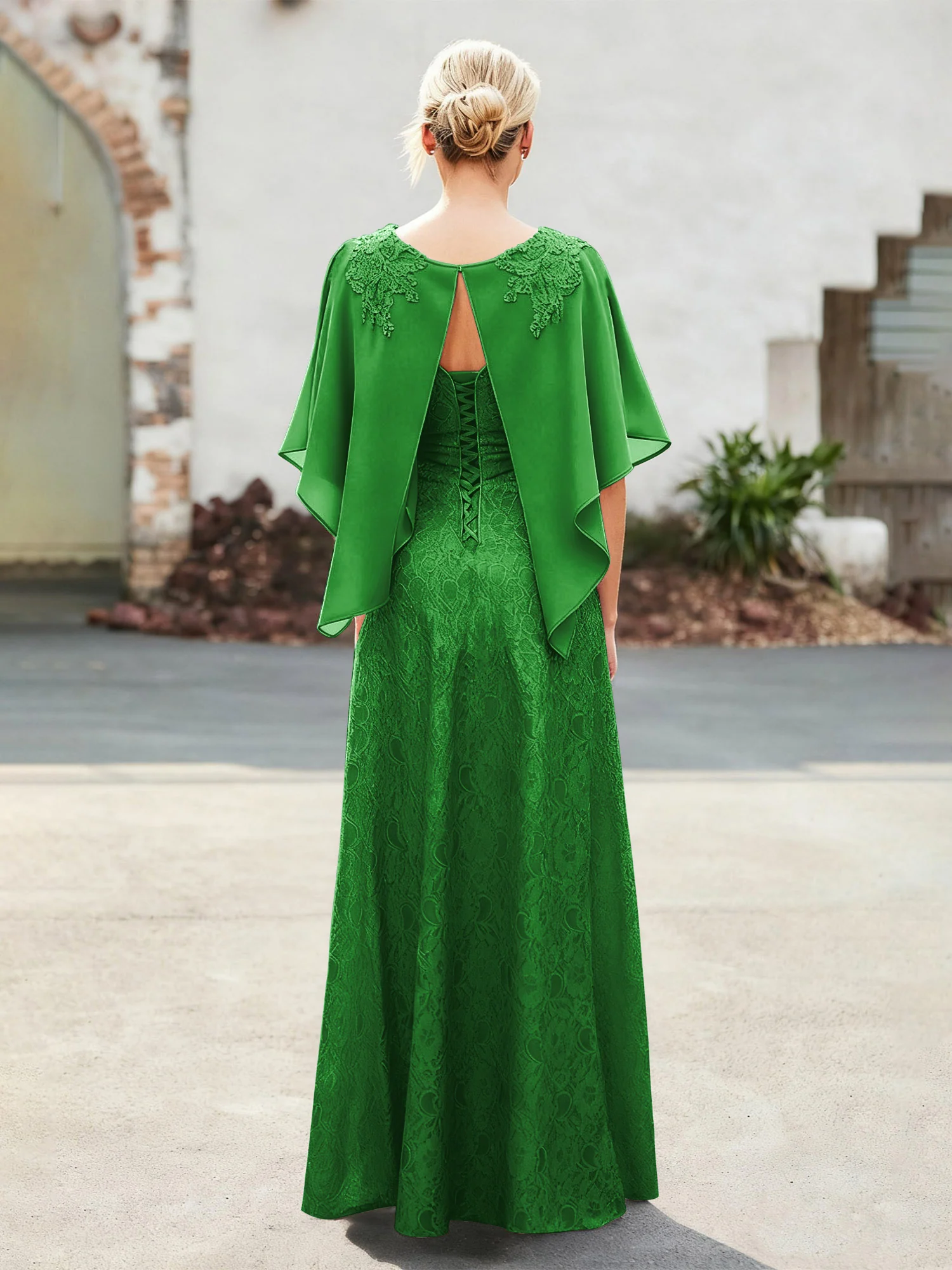 Elegant Scoop Cape Chiffon Lace A-Line Long Dress Green - Image 2