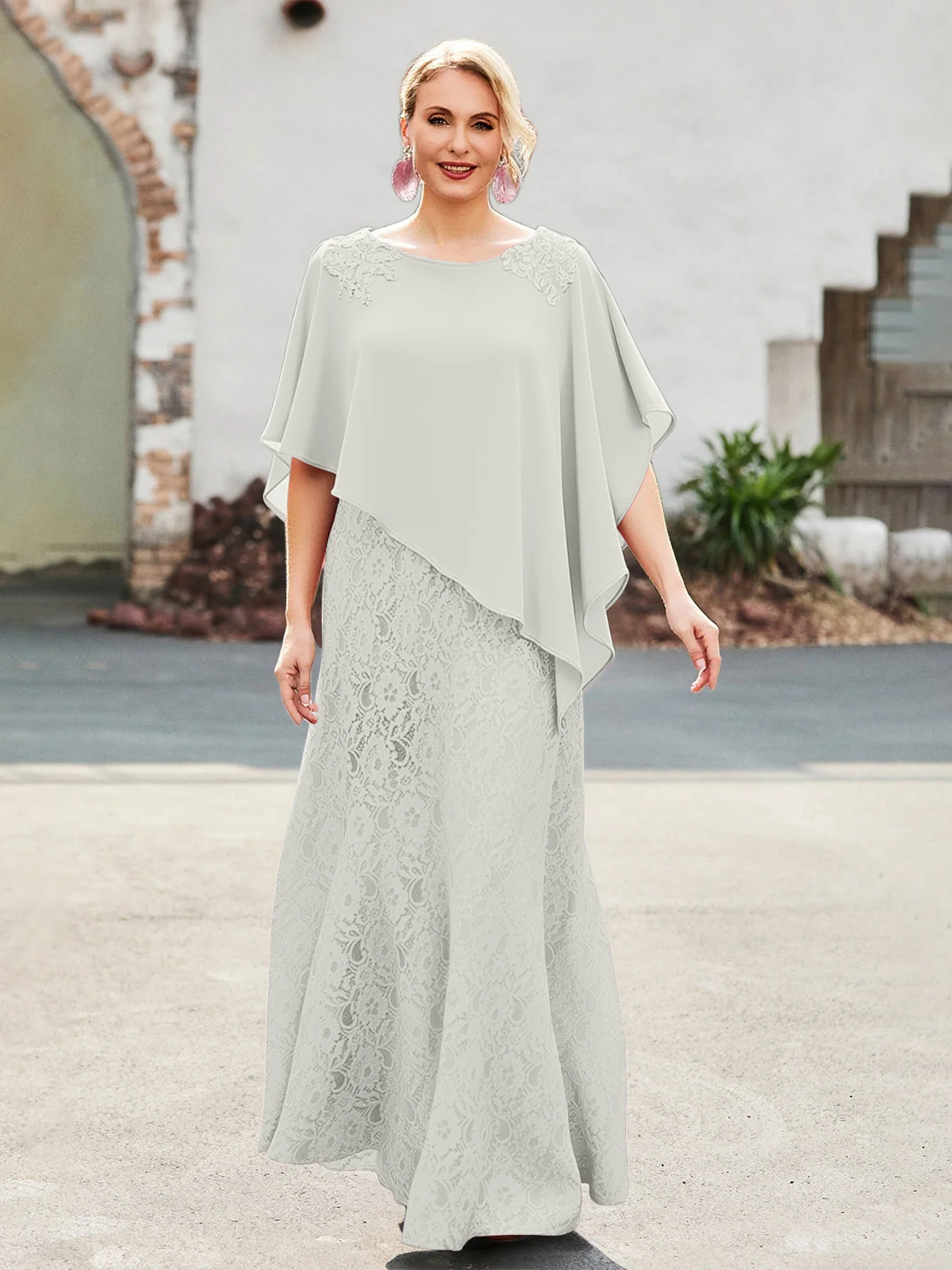 Elegant Scoop Cape Chiffon Lace A-Line Long Dress Ivory