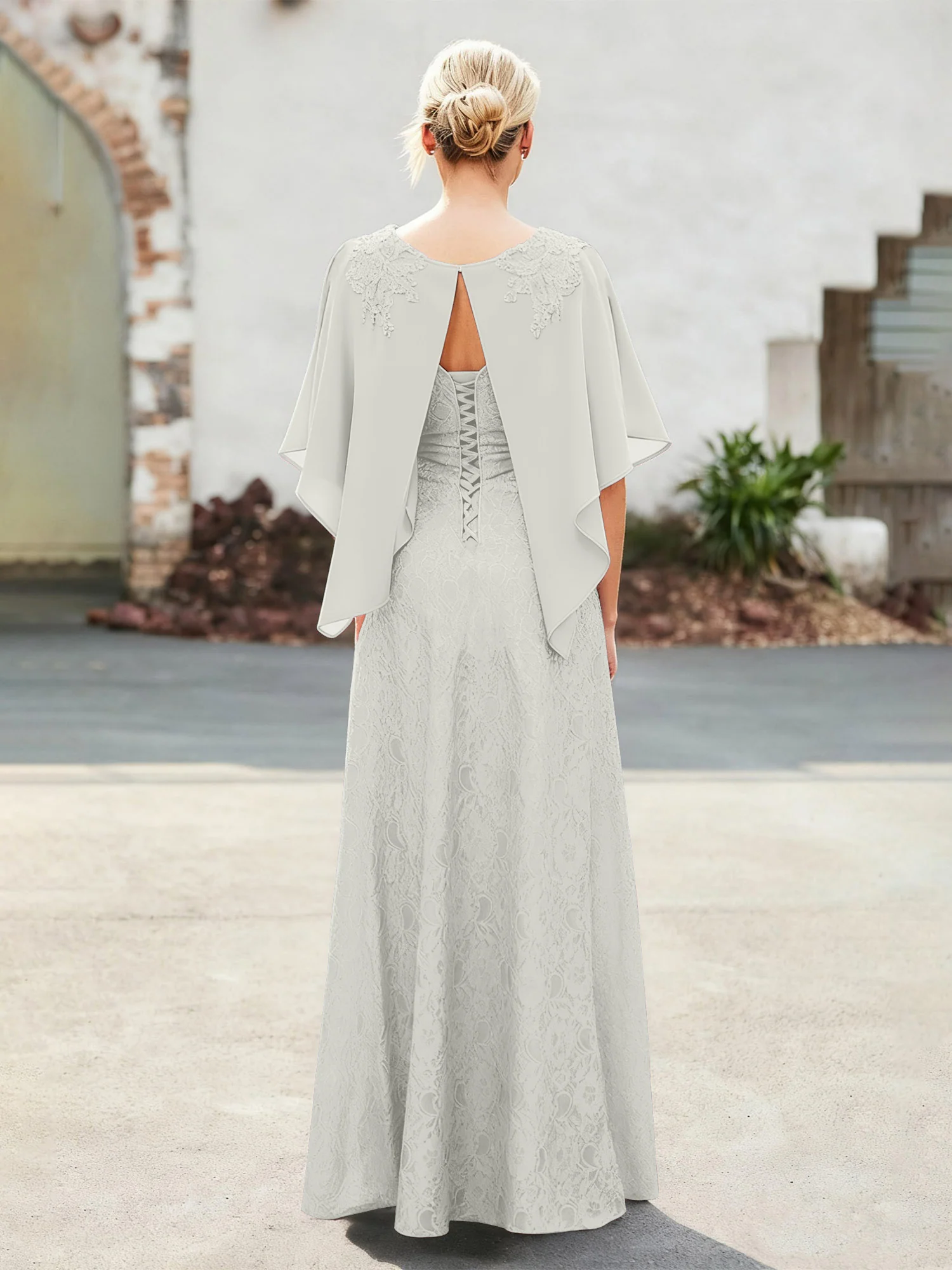 Elegant Scoop Cape Chiffon Lace A-Line Long Dress Ivory - Image 2