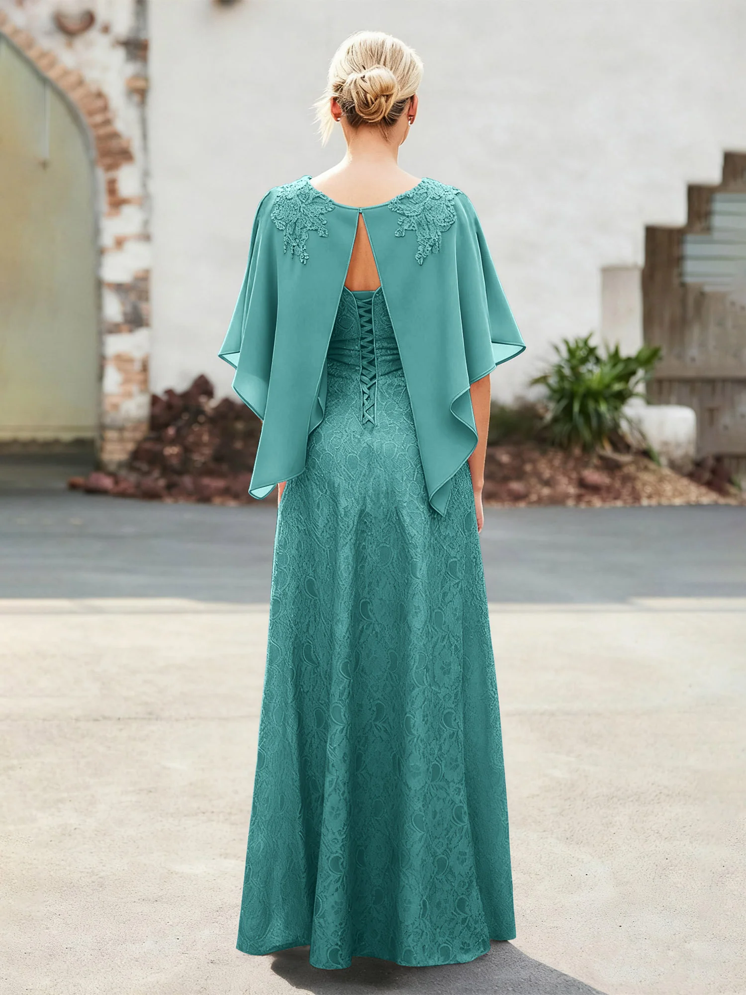 Elegant Scoop Cape Chiffon Lace A-Line Long Dress Jade - Image 2