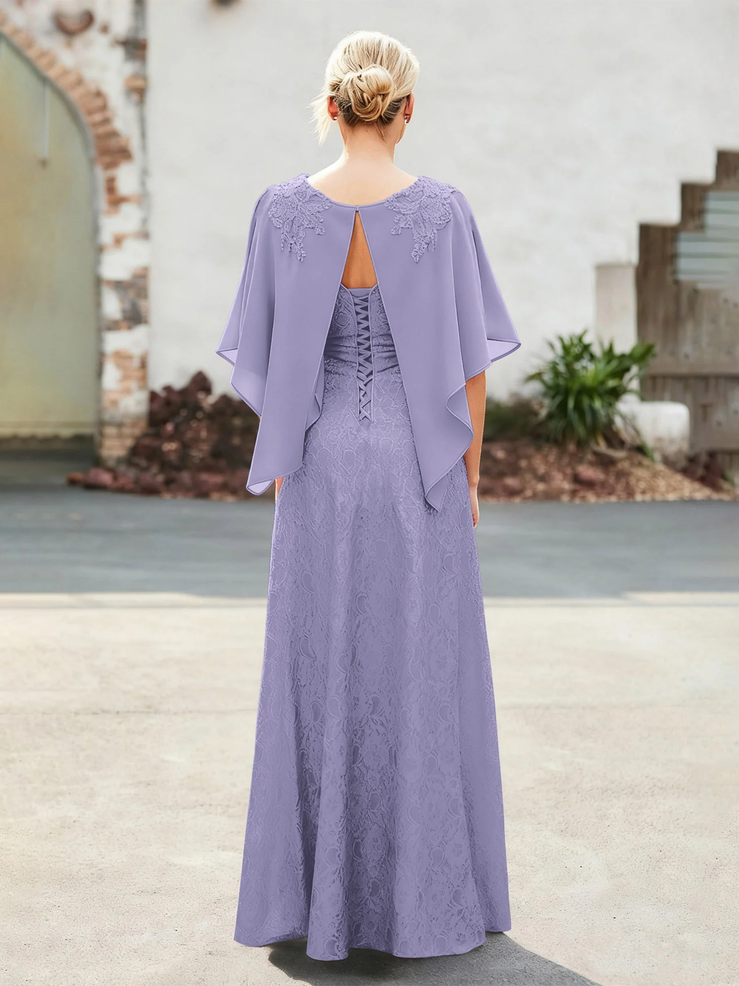 Elegant Scoop Cape Chiffon Lace A-Line Long Dress Lavender - Image 2
