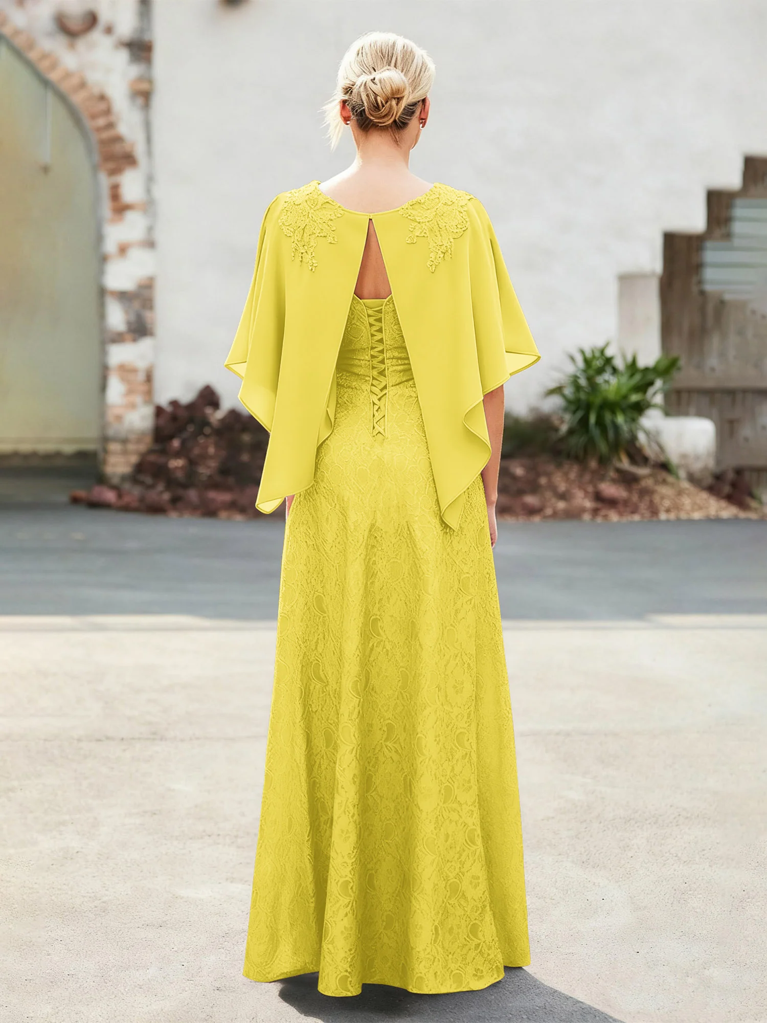 Elegant Scoop Cape Chiffon Lace A-Line Long Dress Lemon - Image 2