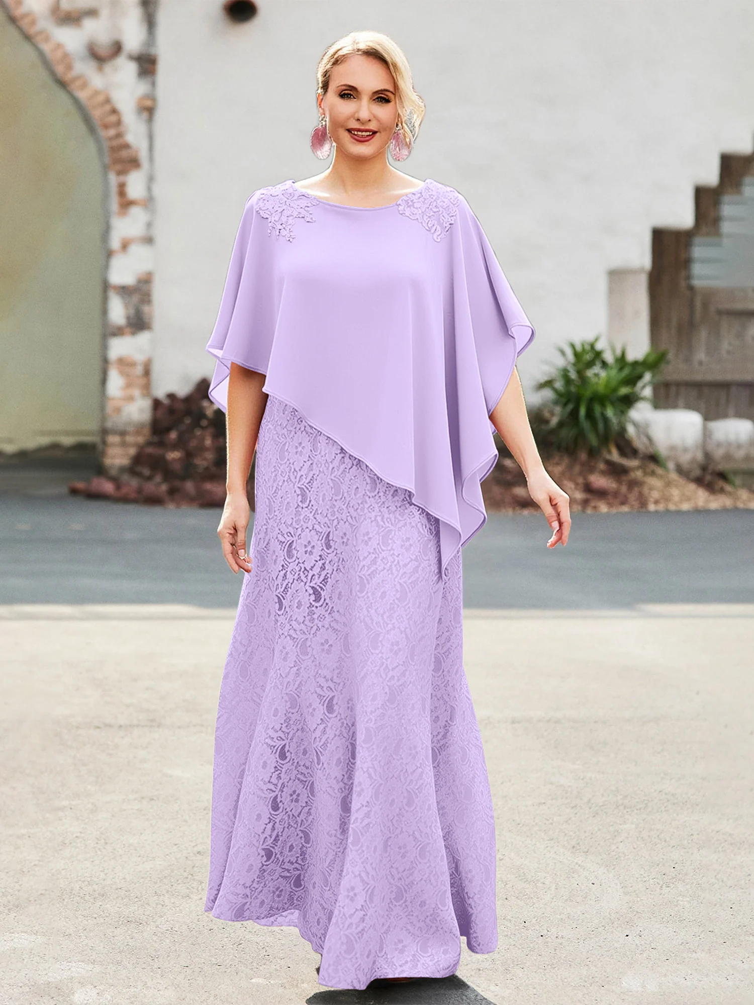 Elegant Scoop Cape Chiffon Lace A-Line Long Dress Lilac