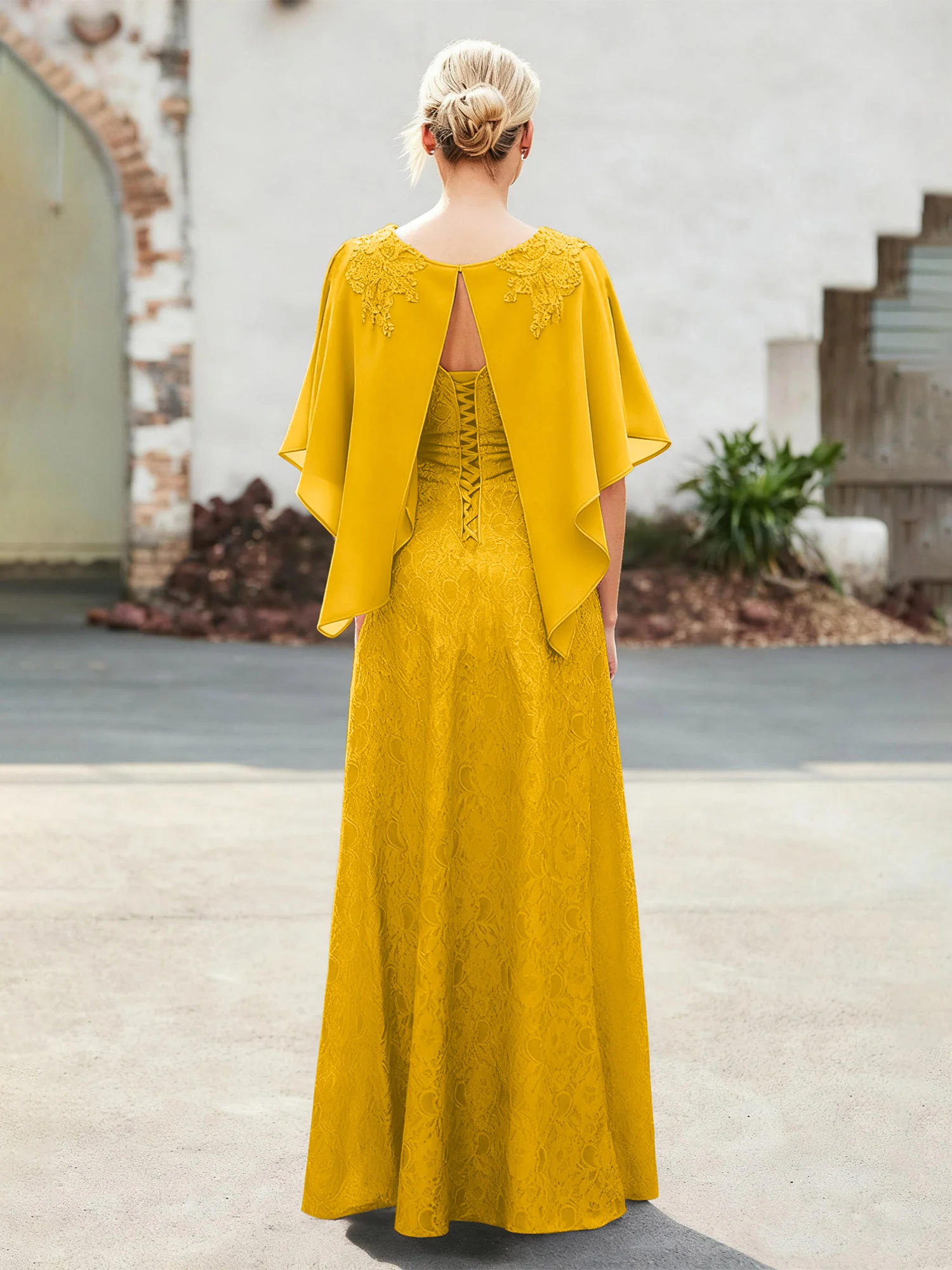 Elegant Scoop Cape Chiffon Lace A-Line Long Dress Marigold - Image 2