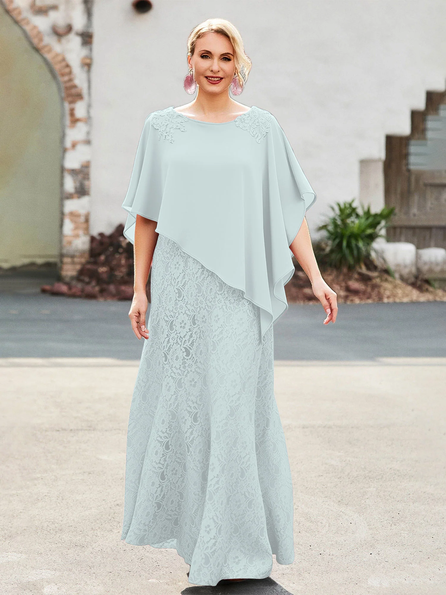 Elegant Scoop Cape Chiffon Lace A-Line Long Dress Mist
