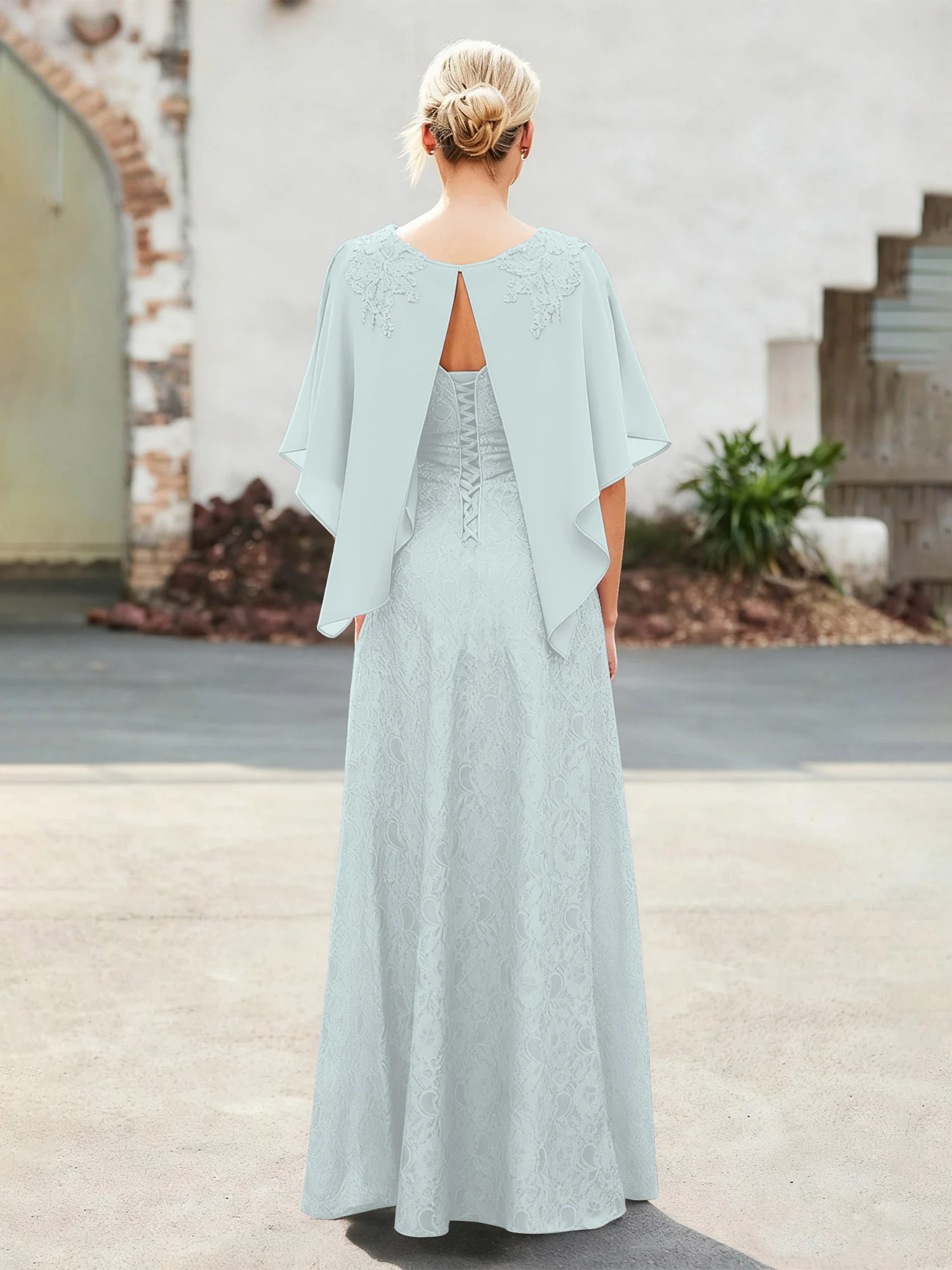 Elegant Scoop Cape Chiffon Lace A-Line Long Dress Mist - Image 2