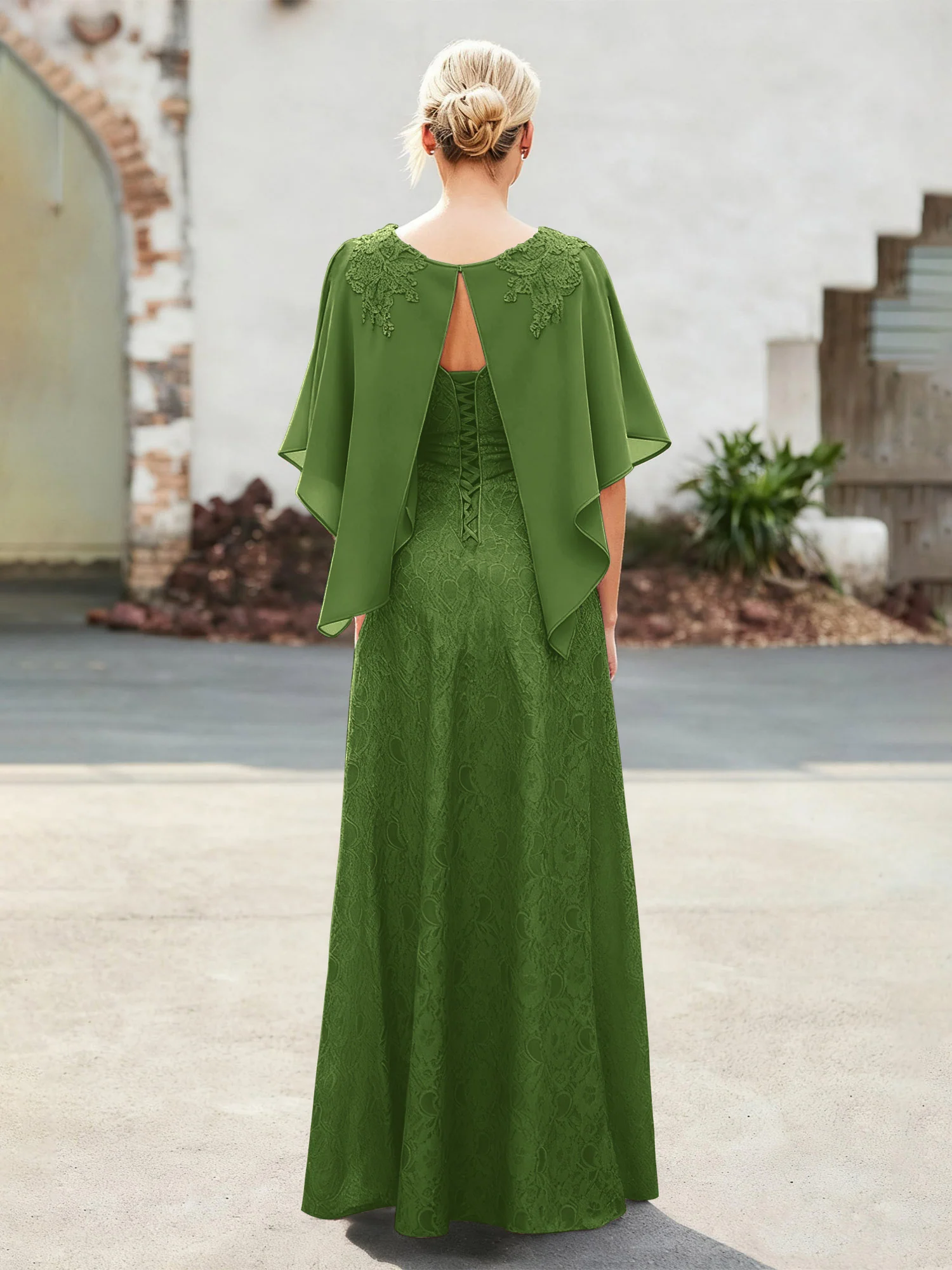 Elegant Scoop Cape Chiffon Lace A-Line Long Dress Moss - Image 2