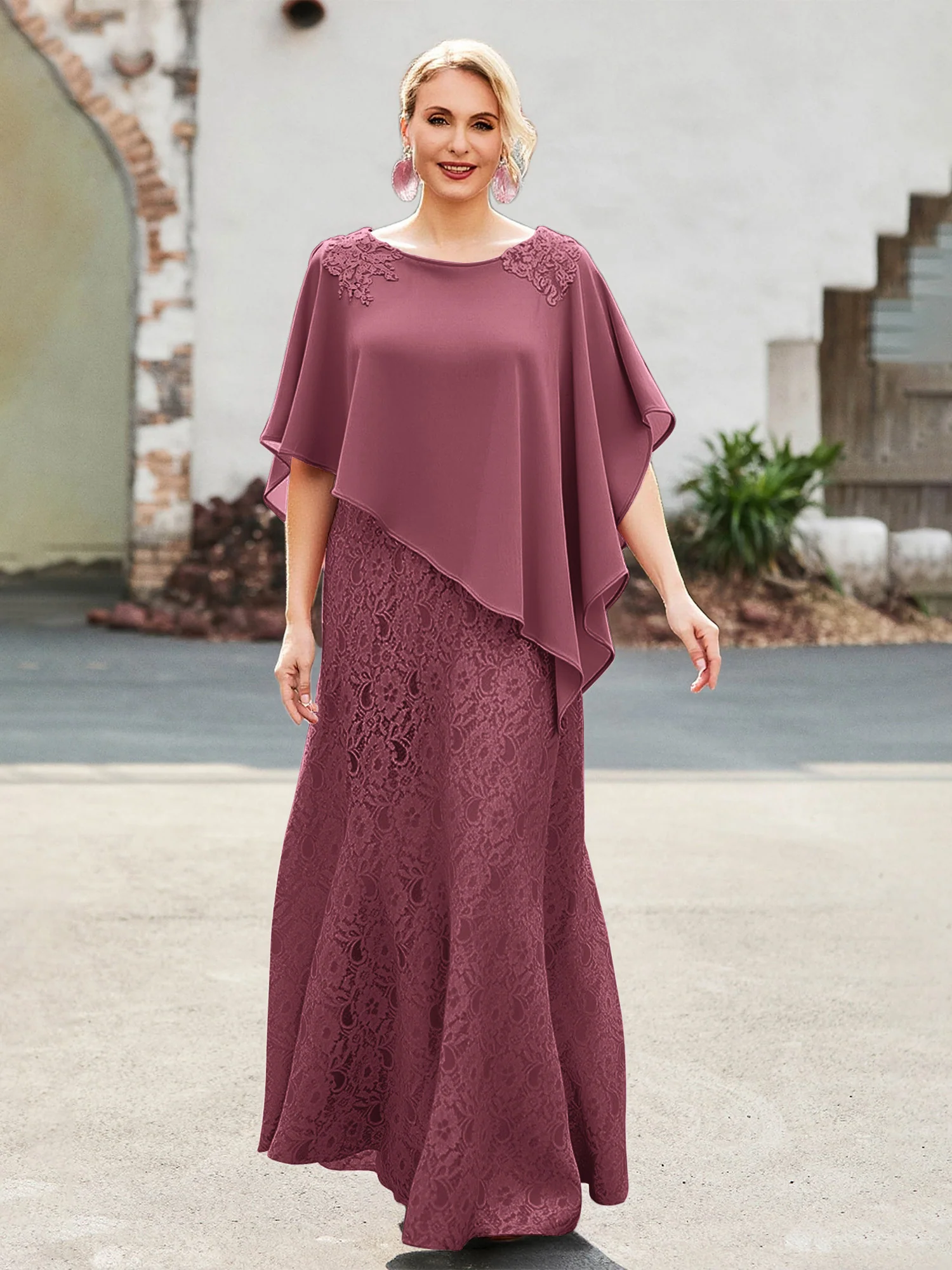 Elegant Scoop Cape Chiffon Lace A-Line Long Dress Mulberry