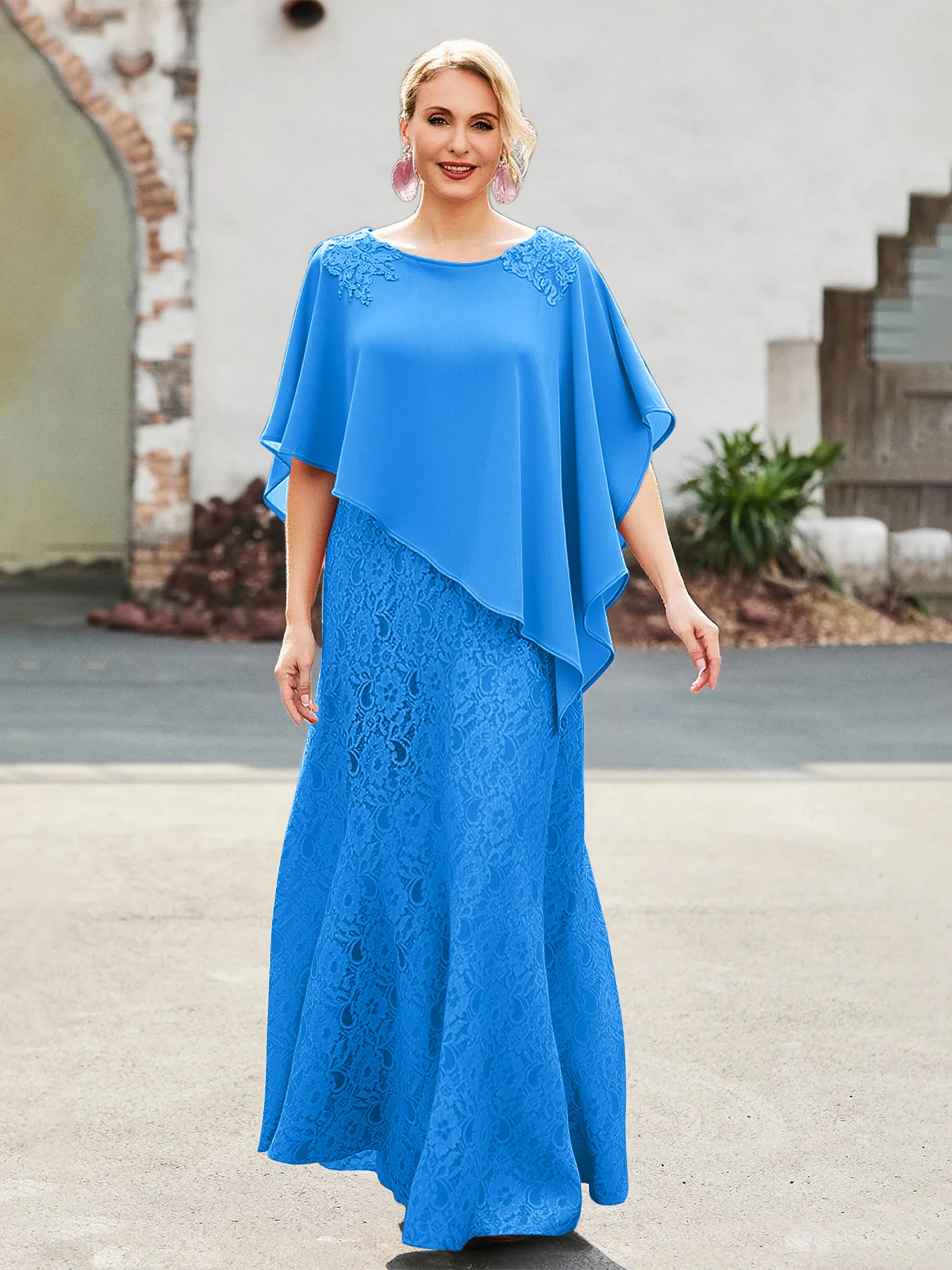 Elegant Scoop Cape Chiffon Lace A-Line Long Dress Ocean Blue