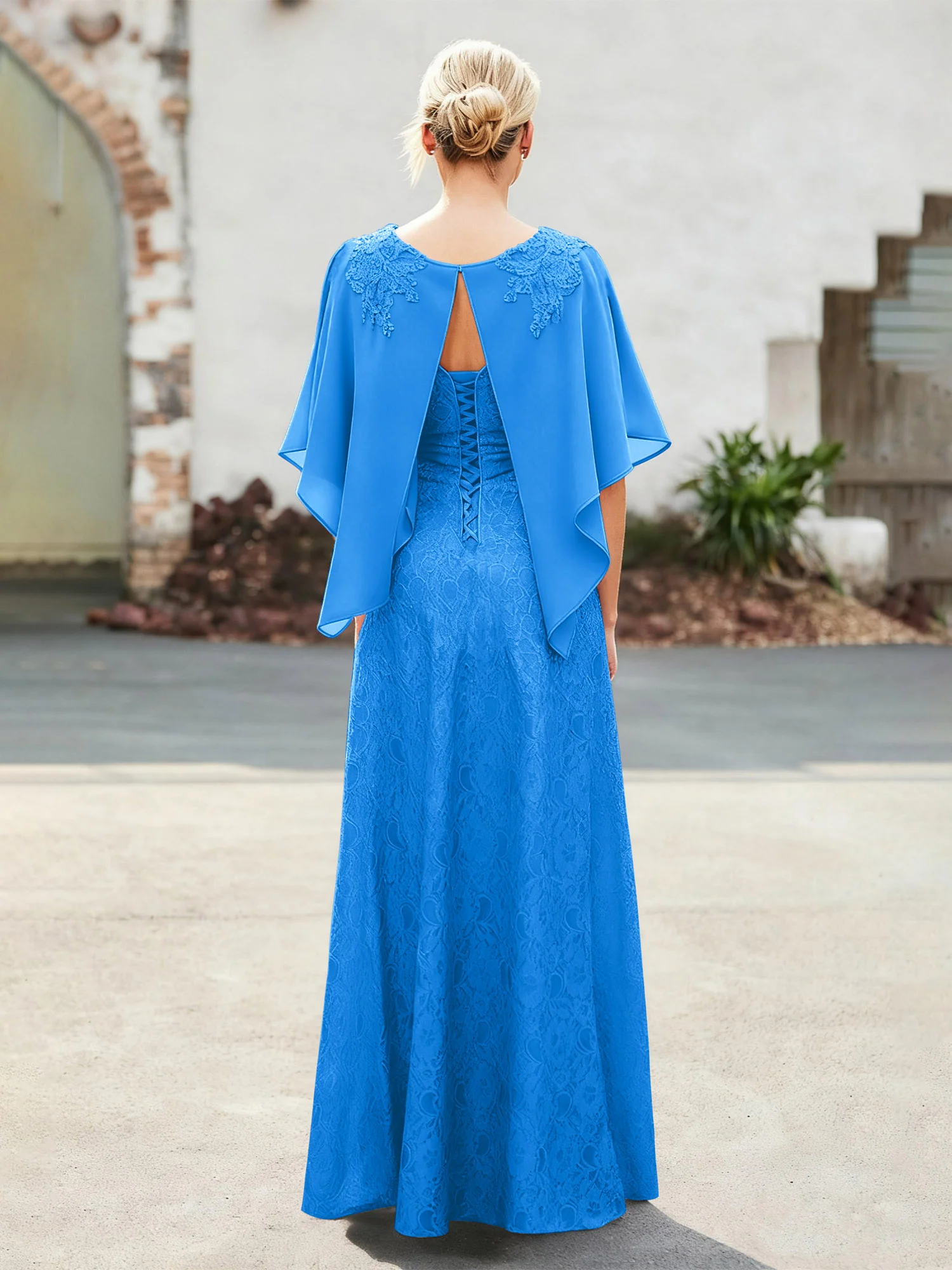 Elegant Scoop Cape Chiffon Lace A-Line Long Dress Ocean Blue - Image 2