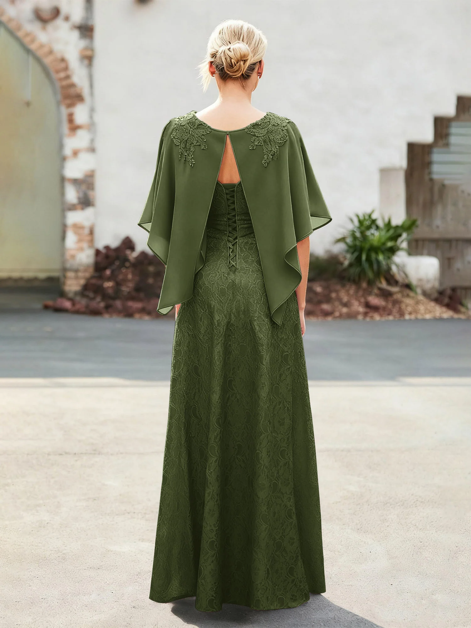 Elegant Scoop Cape Chiffon Lace A-Line Long Dress Olive Green - Image 2