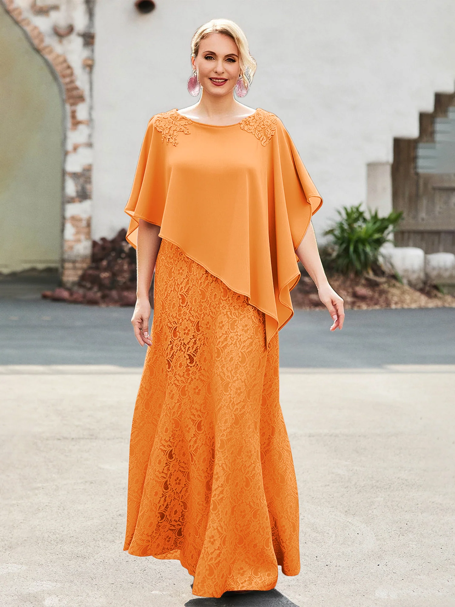 Elegant Scoop Cape Chiffon Lace A-Line Long Dress Orange