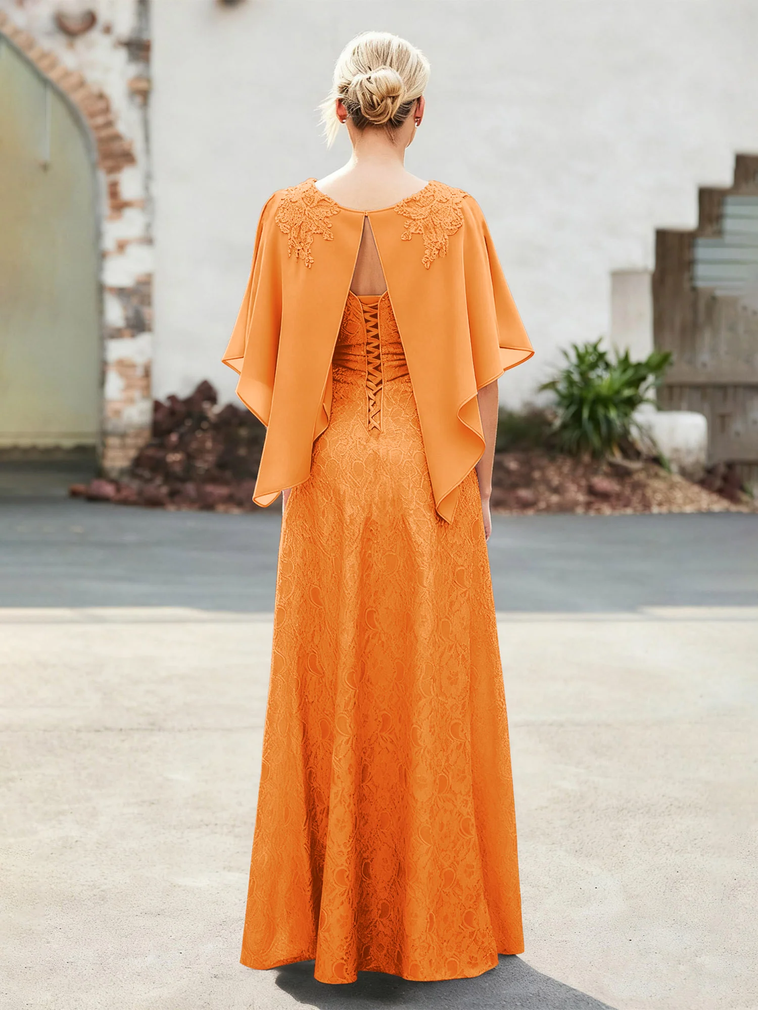 Elegant Scoop Cape Chiffon Lace A-Line Long Dress Orange - Image 2