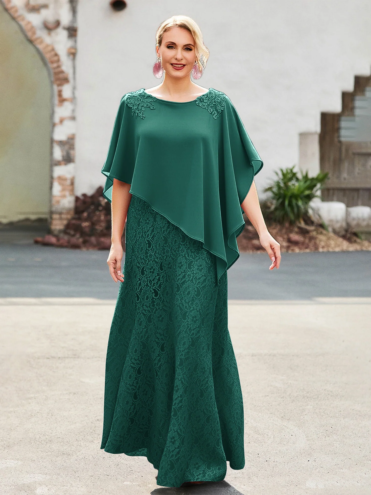 Elegant Scoop Cape Chiffon Lace A-Line Long Dress Peacock
