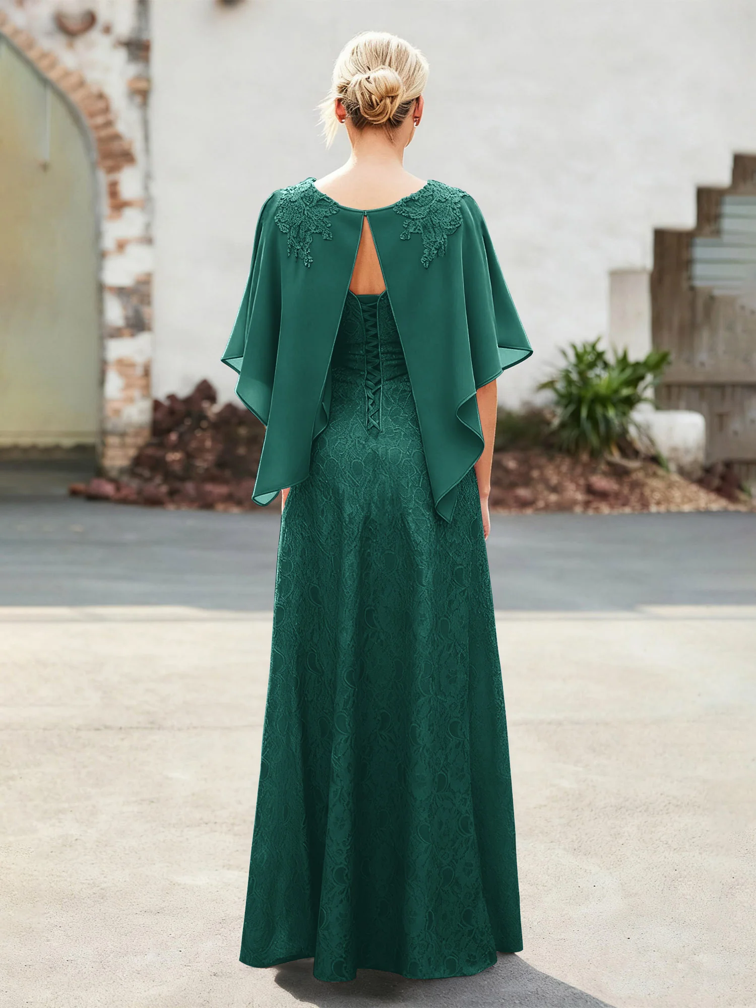 Elegant Scoop Cape Chiffon Lace A-Line Long Dress Peacock - Image 2