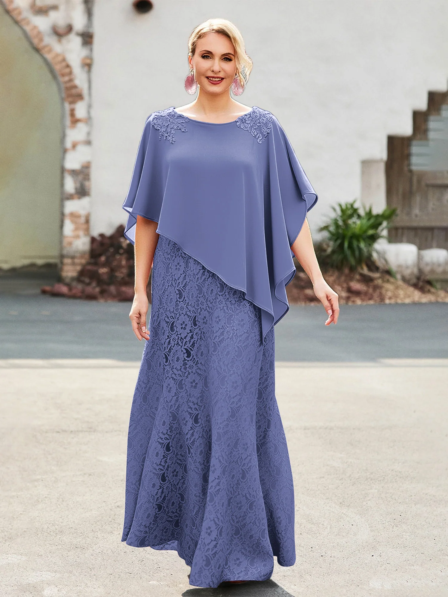 Elegant Scoop Cape Chiffon Lace A-Line Long Dress Periwinkle